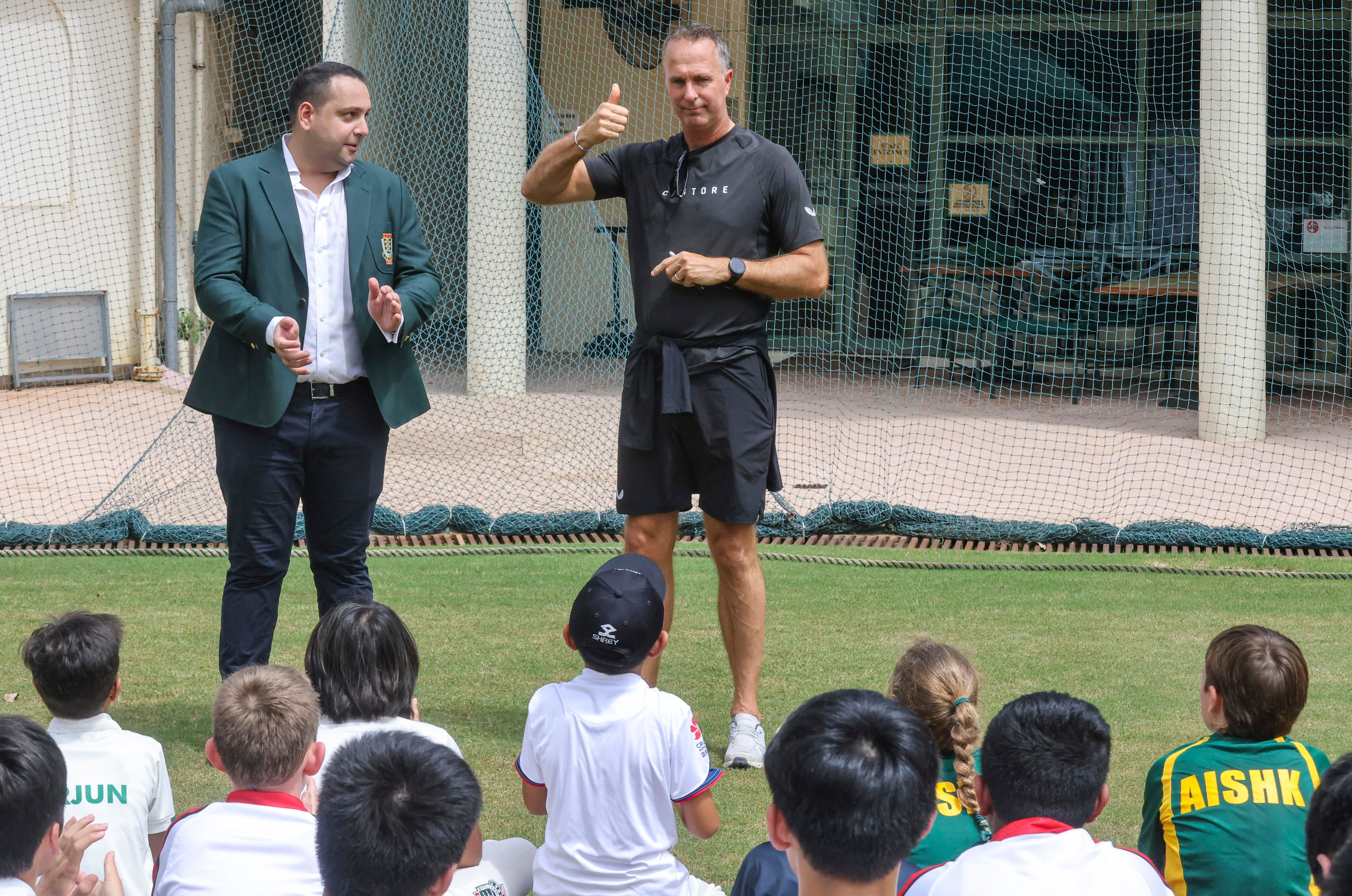Former England cricket captain Michael Vaughan visits Kowloon Cricket Club for a children’s training session. Photo: Jonathan Wong