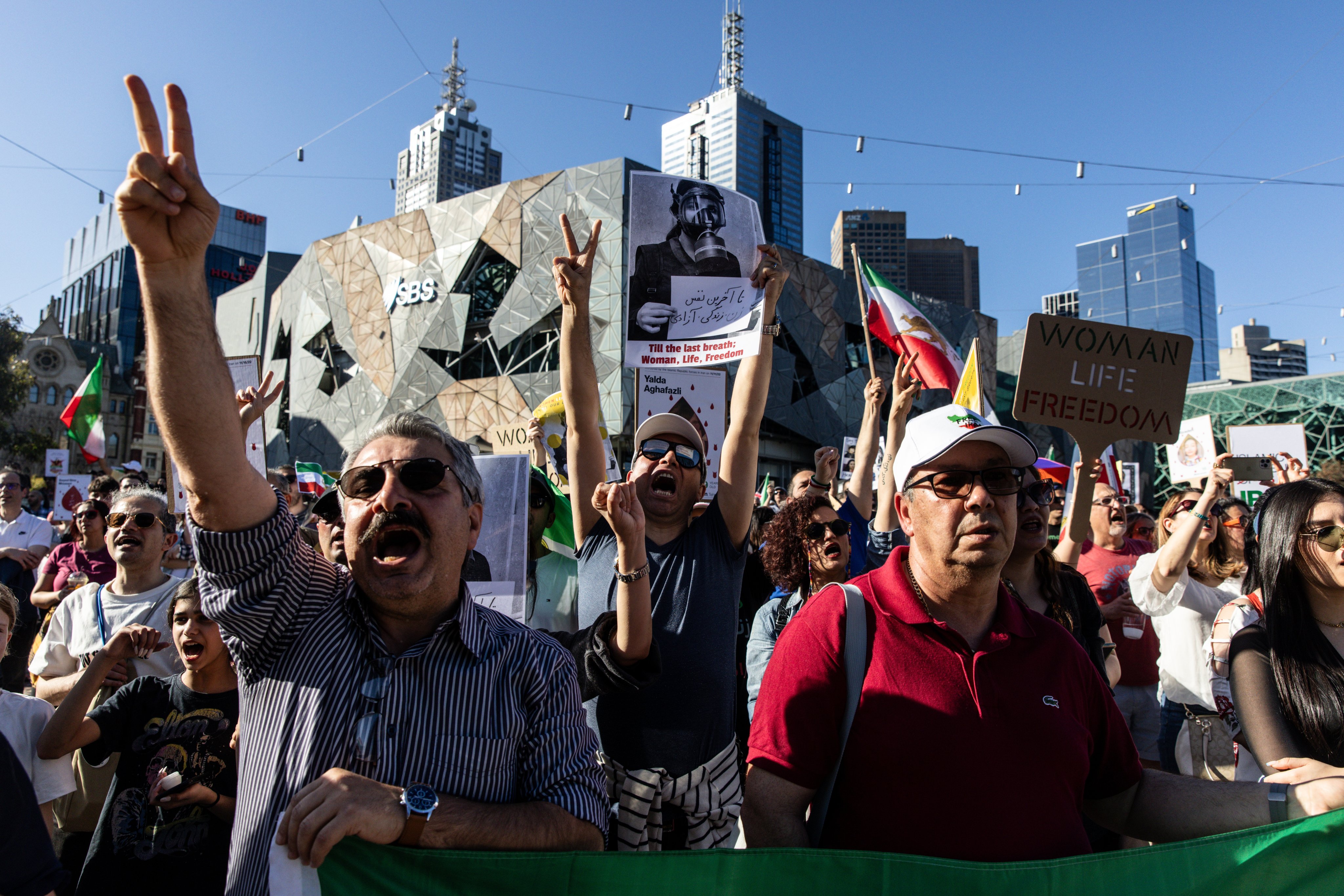 In Melbourne, Australia, protesters mark the one-year anniversary of Mahsa Amini’s death in custody. Photo: EPA-EFE