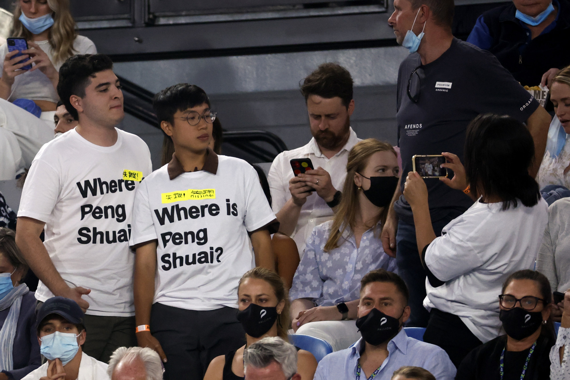 Peng Shuai’s disappearance from public view prompted supporters to wear T-shirts at the 2022 Australian Open. Photo: AP