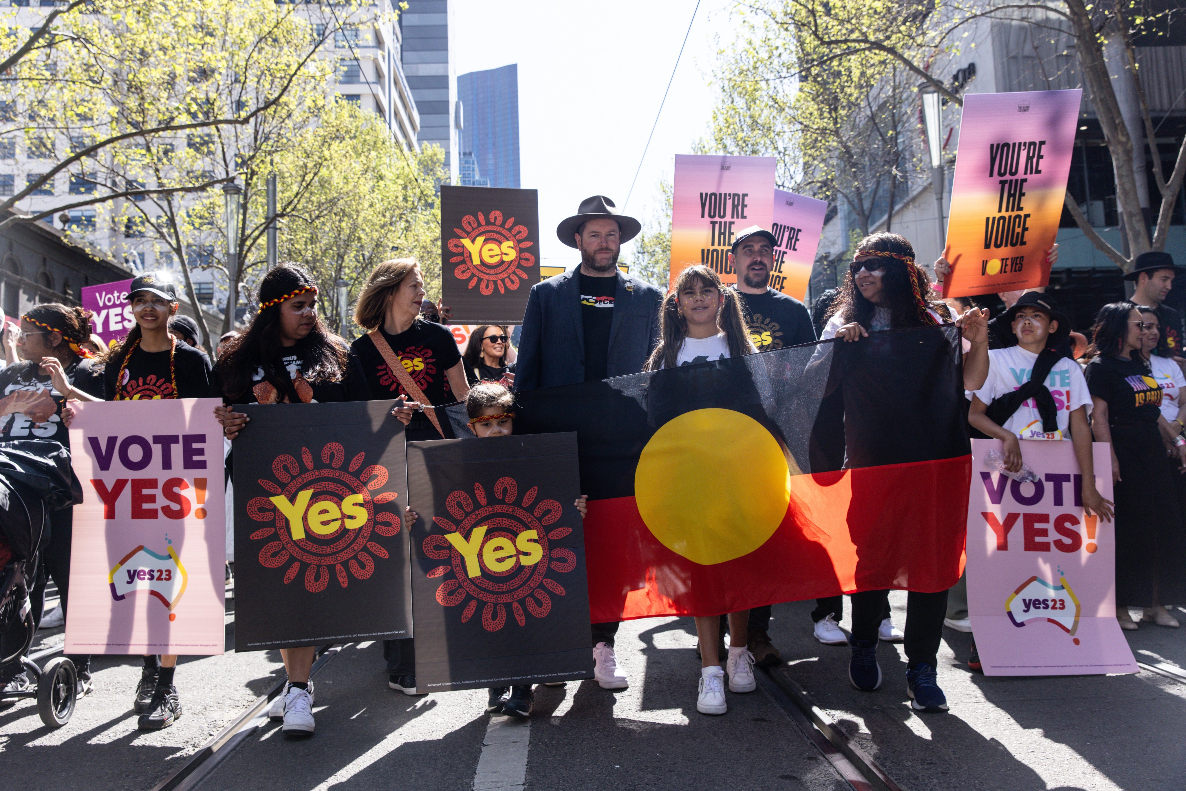 Supporters of the “yes” campaign are seen during a walk for the Yes vote event in Melbourne, Australia, on Sunday. Photo: EPA-EFE