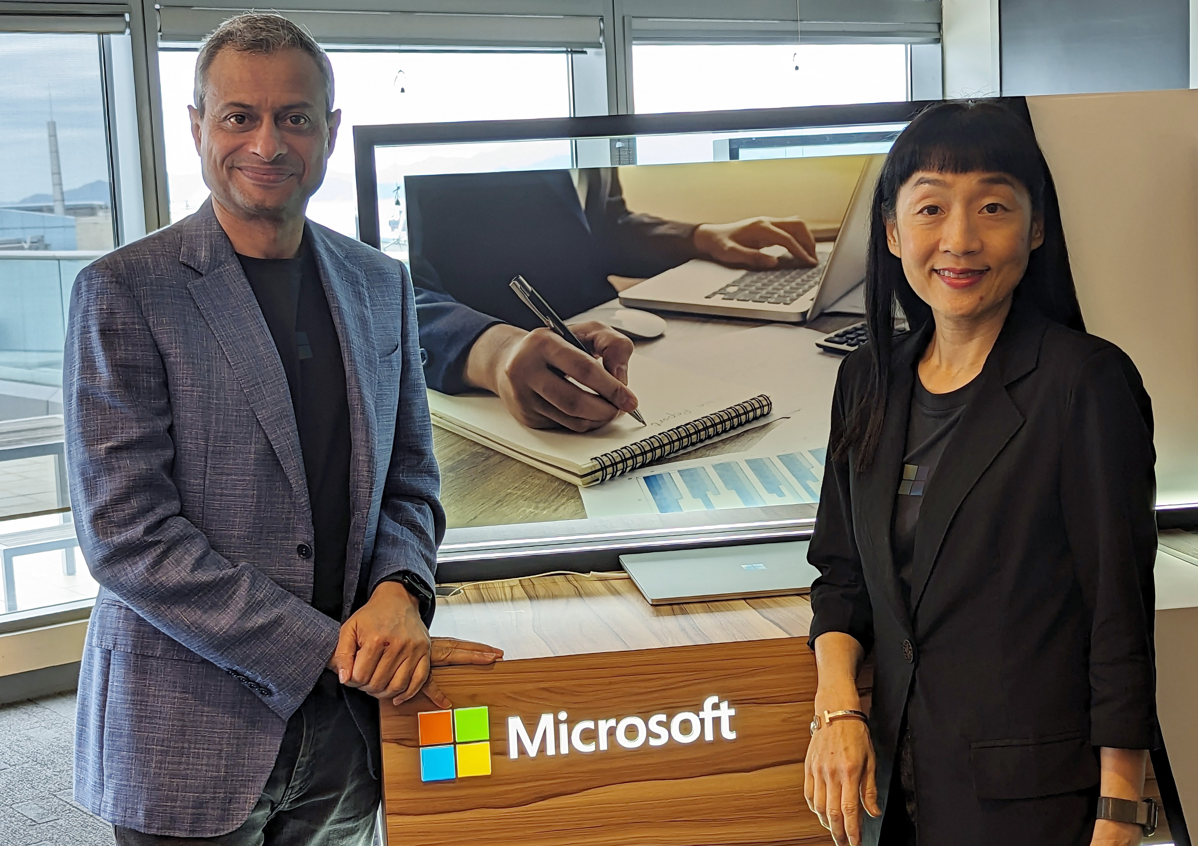 Microsoft Asia president Ahmed Mazhari (left) and Cally Chan, general manager of Microsoft Hong Kong and Macau, meet with the press at the software giant’s offices in Cyberport on September 12, 2023. Photo:  Matt Haldane