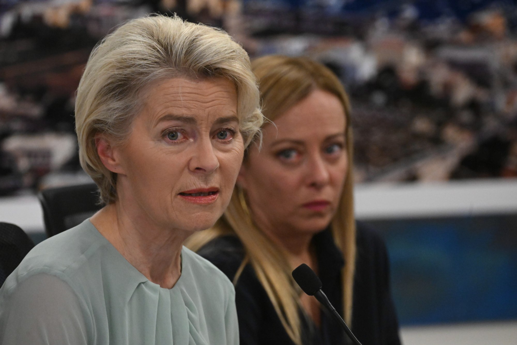 Italian Prime Minister Giorgia Meloni (R) and EU Commission President Ursula von der Leyen at a press conference in Lampedusa, Italy, on Sunday, as tensions rise over the growing number of migrants. Photo: EPA-EFE