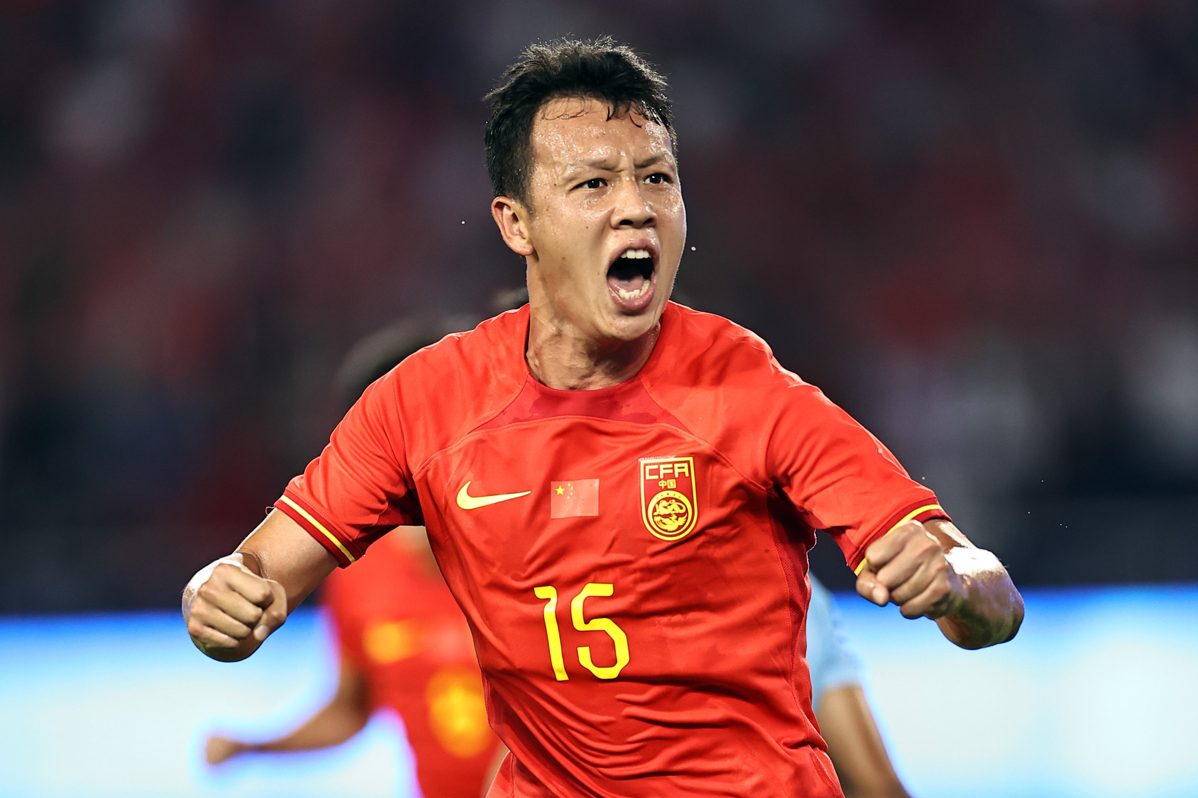 China’s Gao Tianyi celebrates scoring his team’s first goal in their Group A against India at Huanglong Sports Centre Stadium. Photo: Getty Images