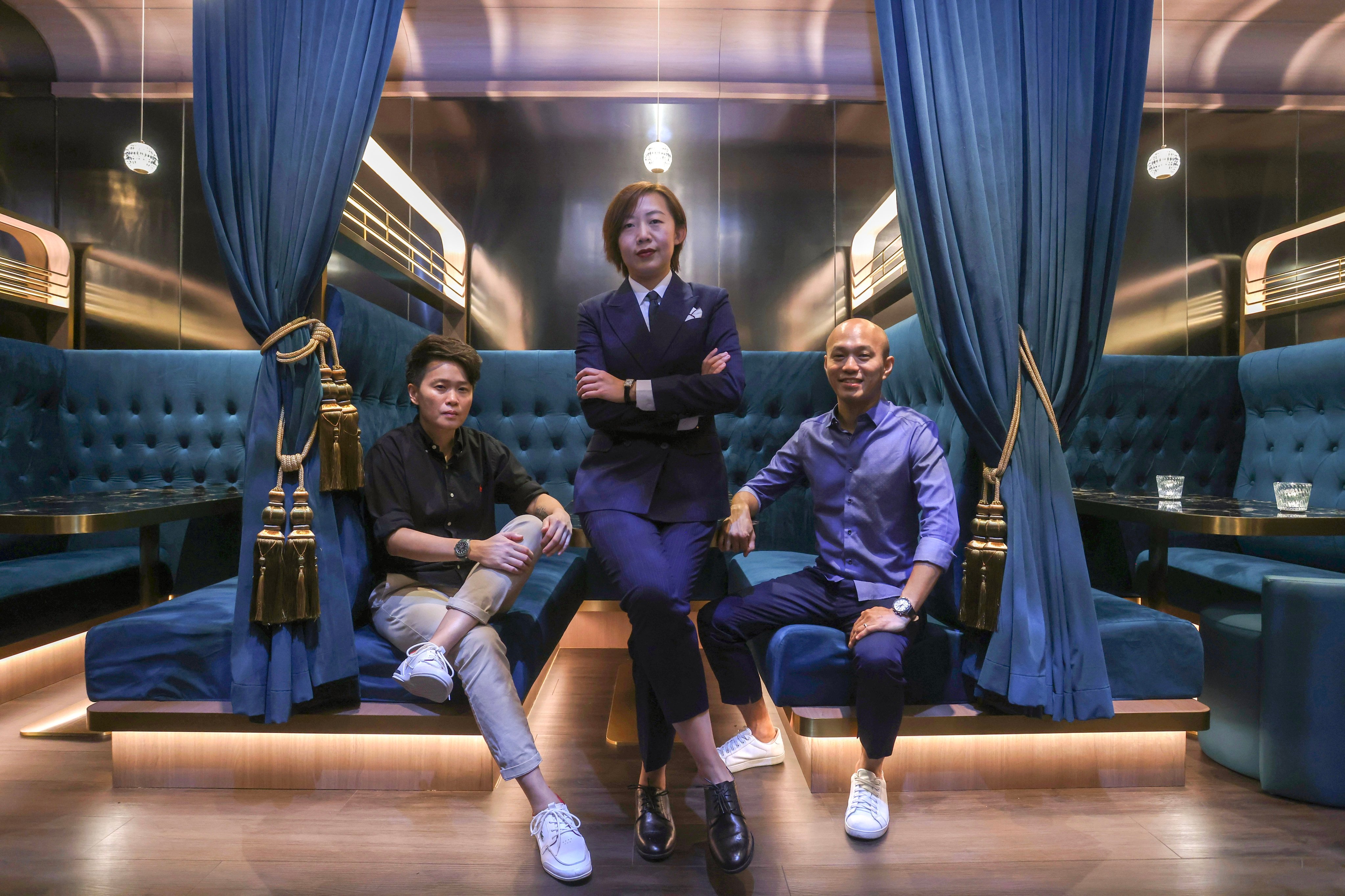 (From left) 001 partner Ming Cheung, bar director Sky Huo, and partner Jameson Ang at the relocated hidden speakeasy bar in Tai Kwun in Central, Hong Kong. Photo: Jonathan Wong