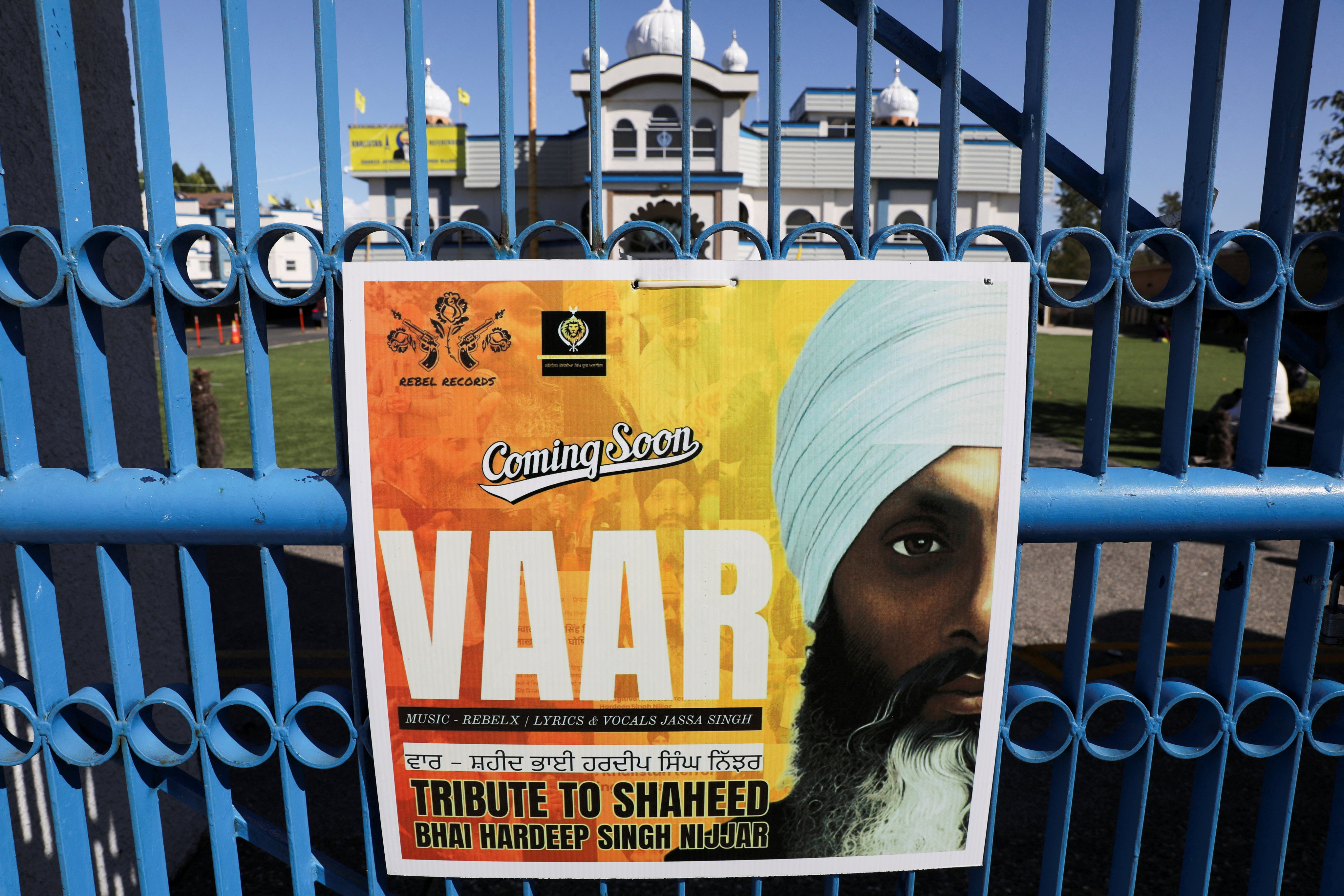A sign outside the Guru Nanak Sikh Gurdwara temple is seen on Tuesday after the killing on its grounds of Sikh leader Hardeep Singh Nijjar in Surrey, British Columbia, Canada. Photo: Reuters