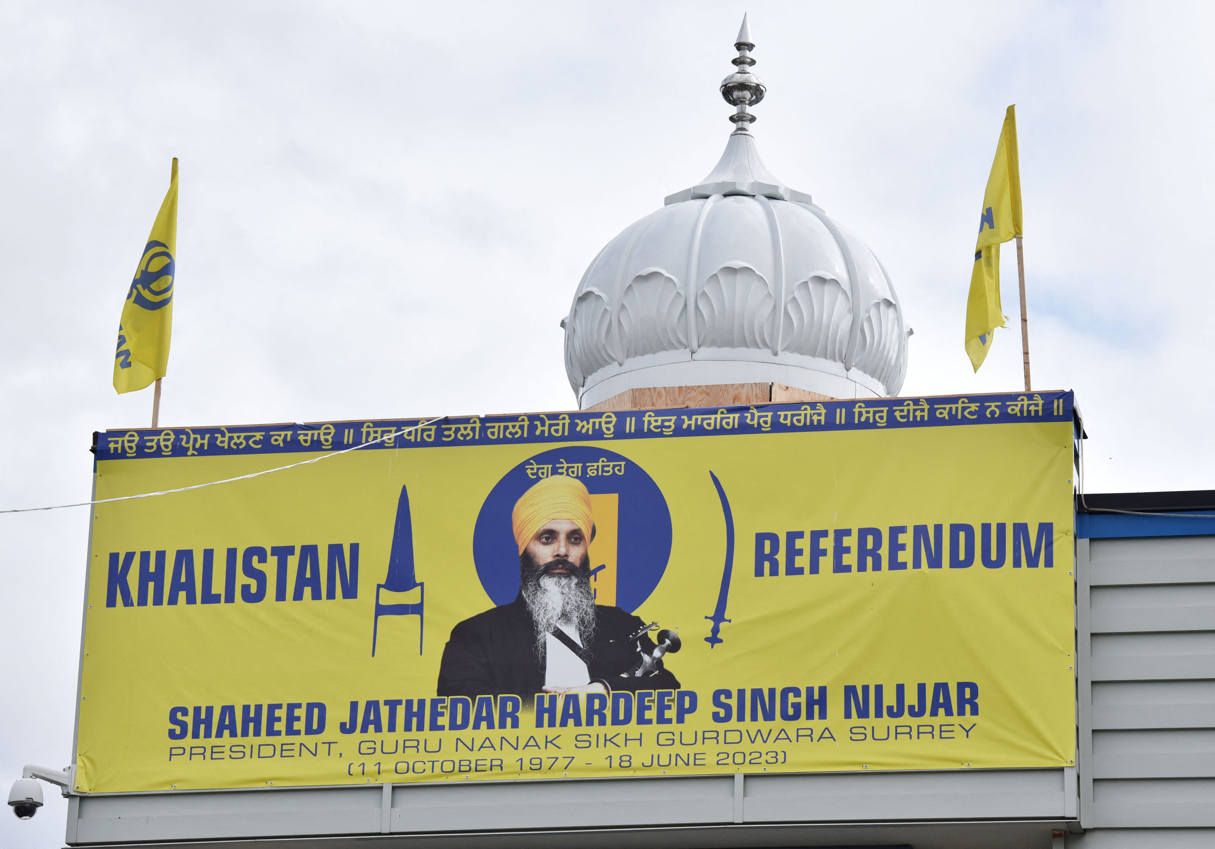 An image of Hardeep Singh Nijjar is displayed at the Guru Nanak Sikh Gurdwara temple in Surrey, British Columbia, Canada on Tuesday. Photo: AFP