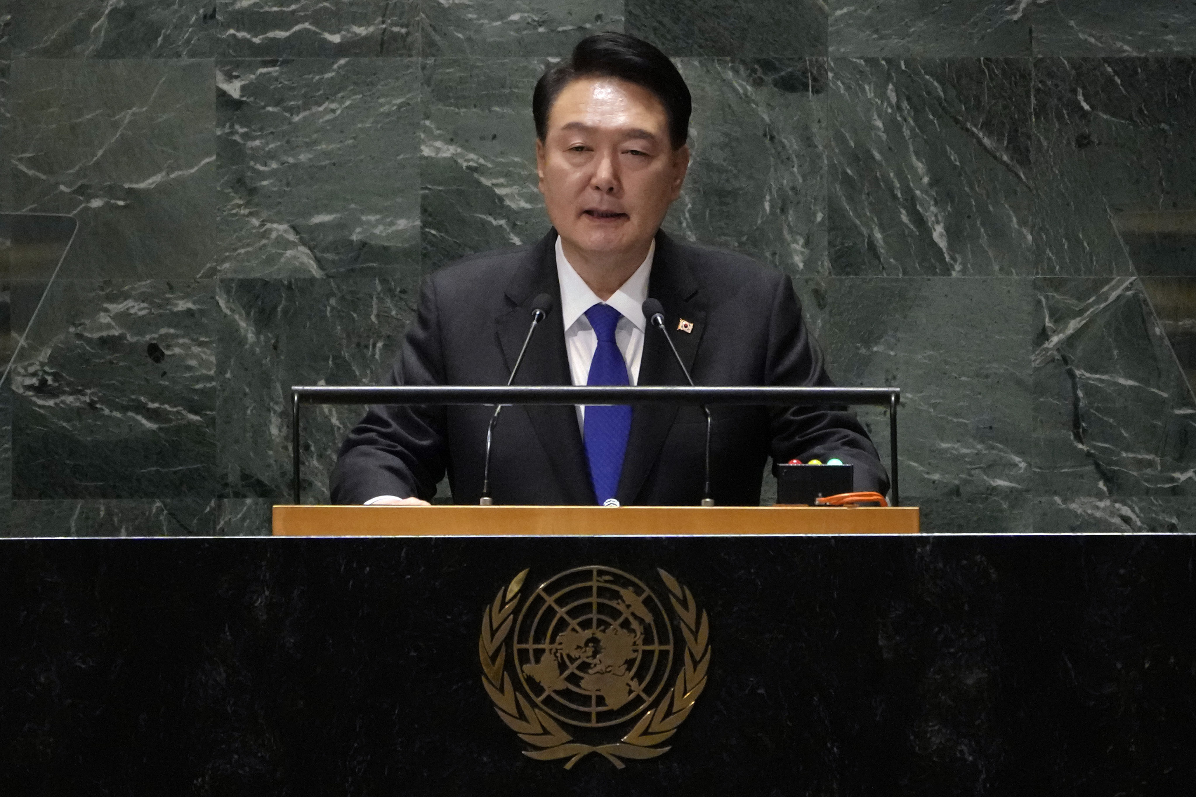 South Korea’s President Yoon Suk-yeol addresses the 78th session of the United Nations General Assembly on Wednesday. Photo: AP