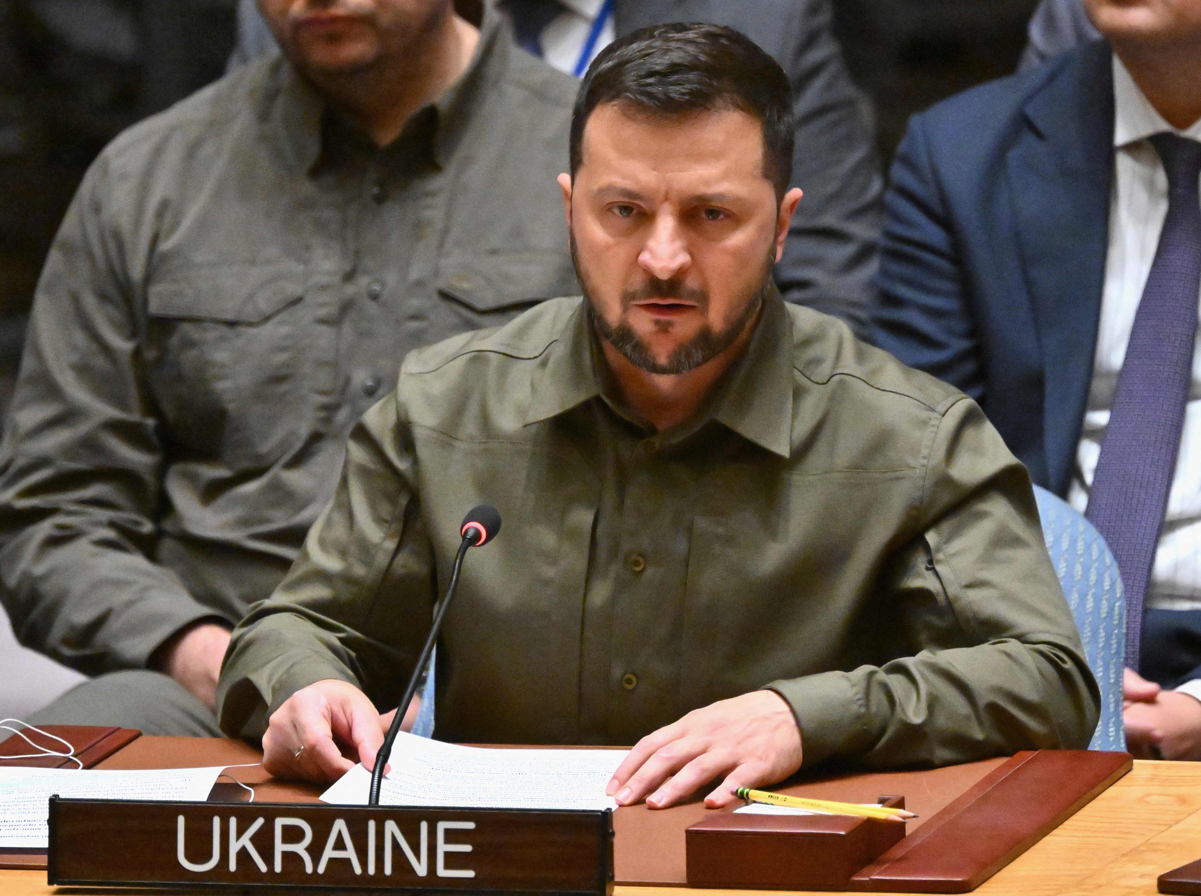 Ukrainian President Volodymyr Zelensky speaks at a UN Security Council meeting in New York on Wednesday. Photo: AFP
