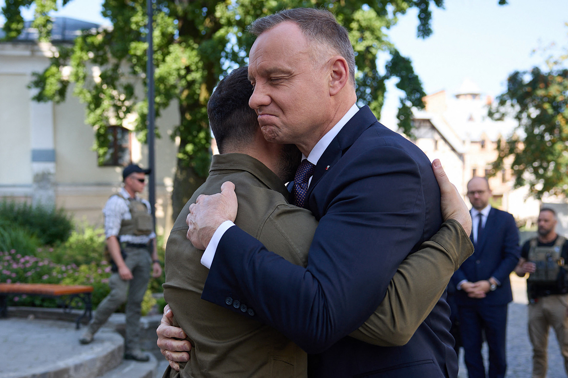 Ukraine’s President Volodymyr Zelensky embracing Poland’s President Andrzej Duda in July. File photo: Ukrainian Presidential Press Service