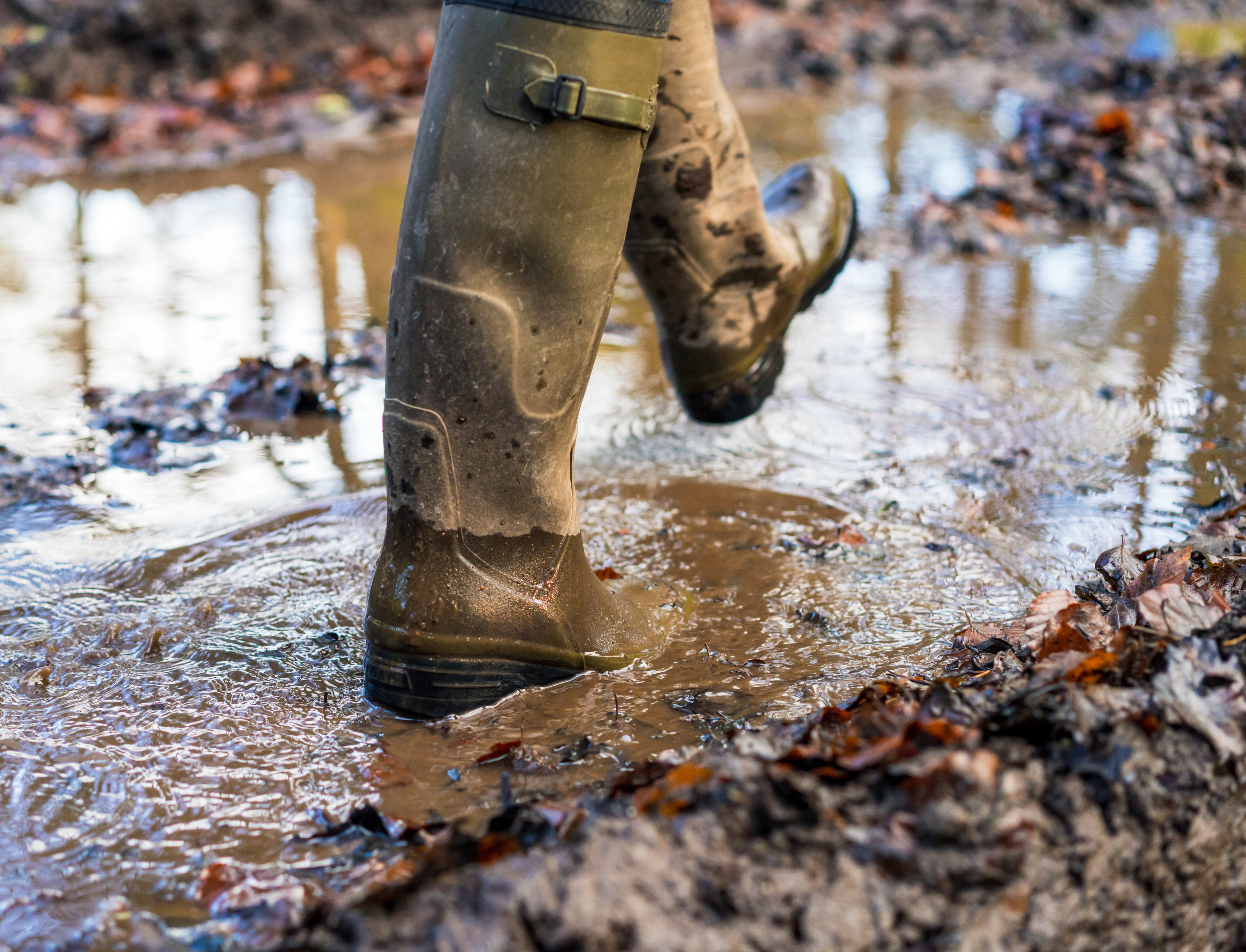 Close-up on a pair of feet protected by welly boots as their owner steps enthusiastically through a muddy puddle. Getty Images