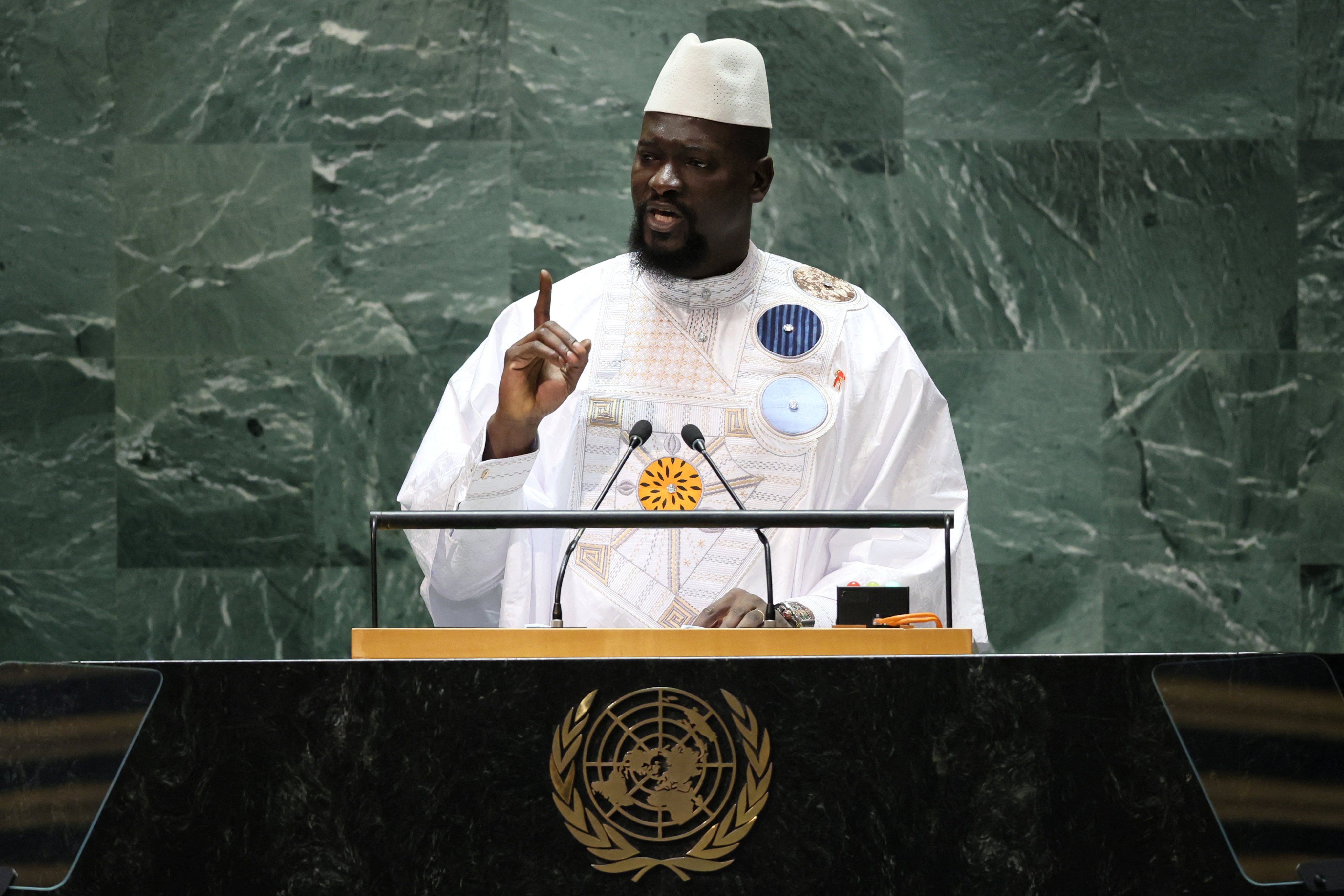 The head of Guinea’s junta Colonel Mamady Doumbouya defended the use of military intervention in politics. Photo: Reuters