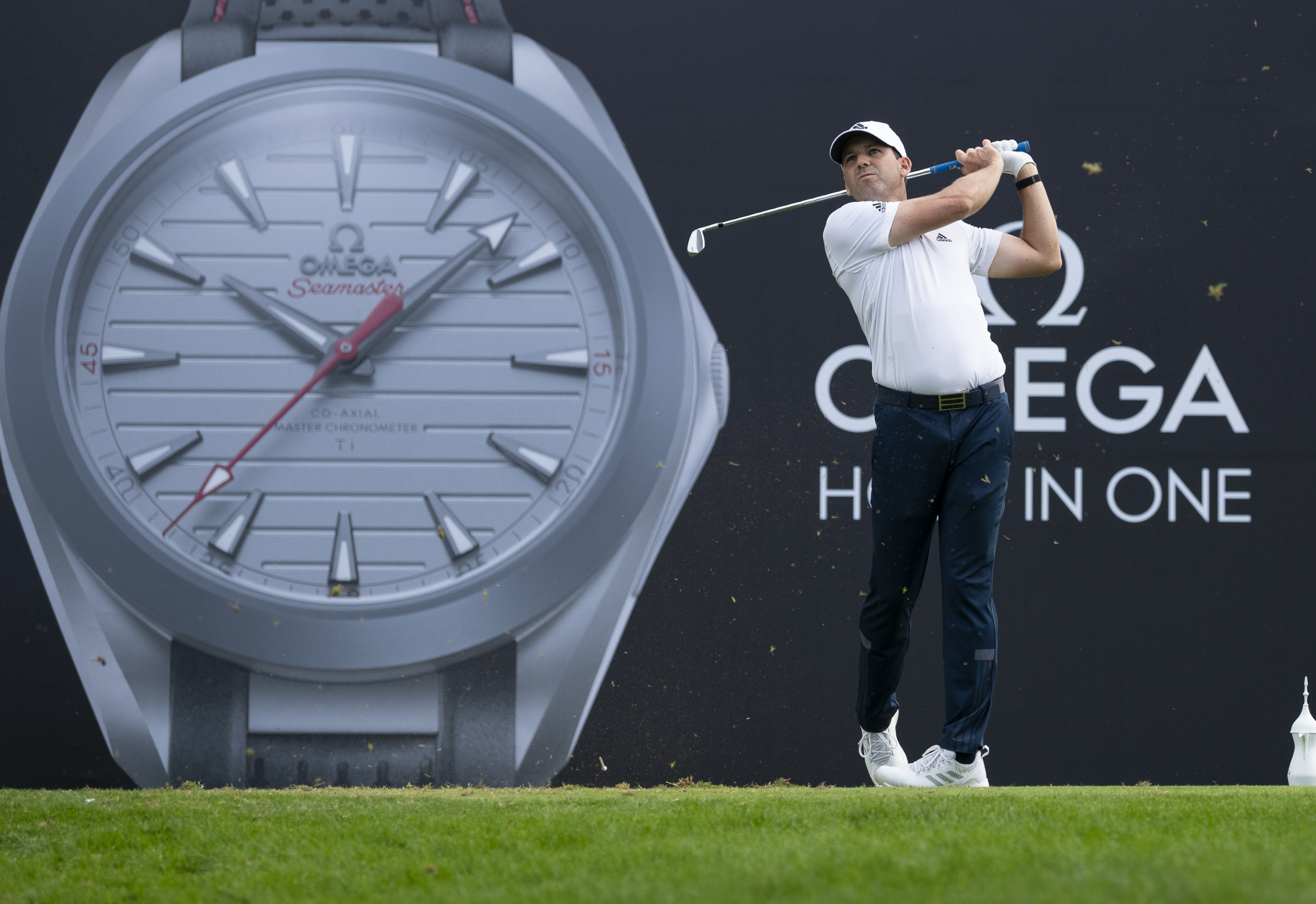 Spanish golfer Sergio García with the Omega Seamaster Aqua Terra Ultra Light in the backdrop. Photo: Handout