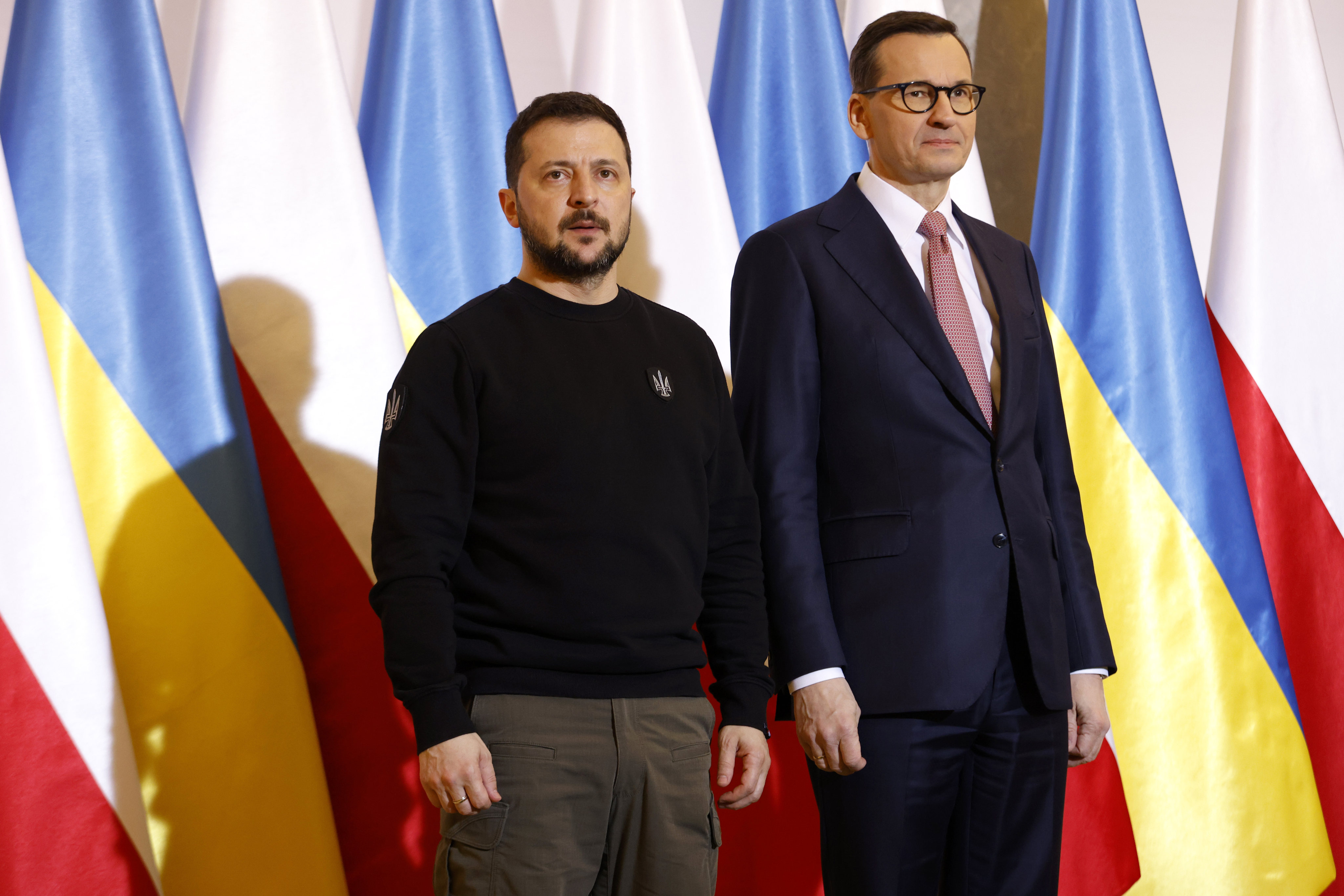 Poland’s Prime Minister Mateusz Morawiecki (right) welcomes Ukrainian President Volodymyr Zelensky as they meet in Warsaw in April. Photo: AP
