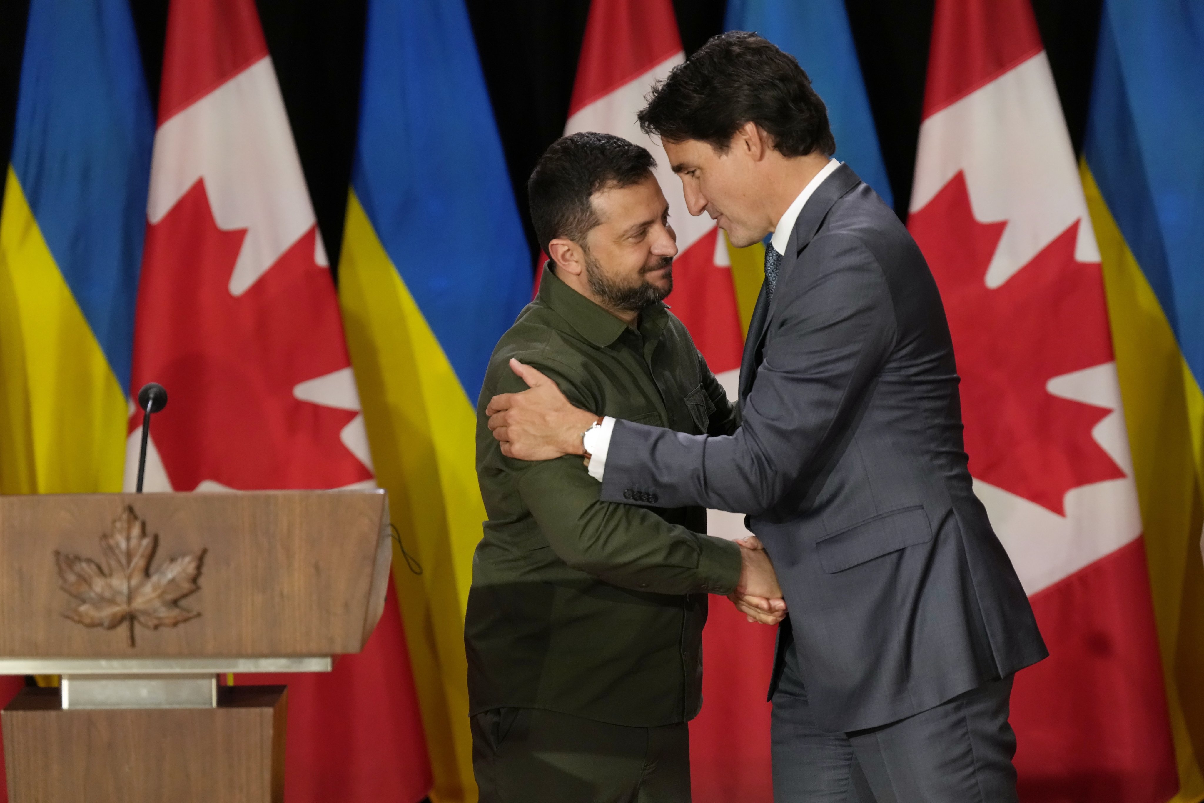 Ukraine’s President Volodymyr Zelensky and Canada’s Prime Minister Justin Trudeau shake hands at a joint press conference in Ottawa on Friday. Photo: Canadian Press via AP