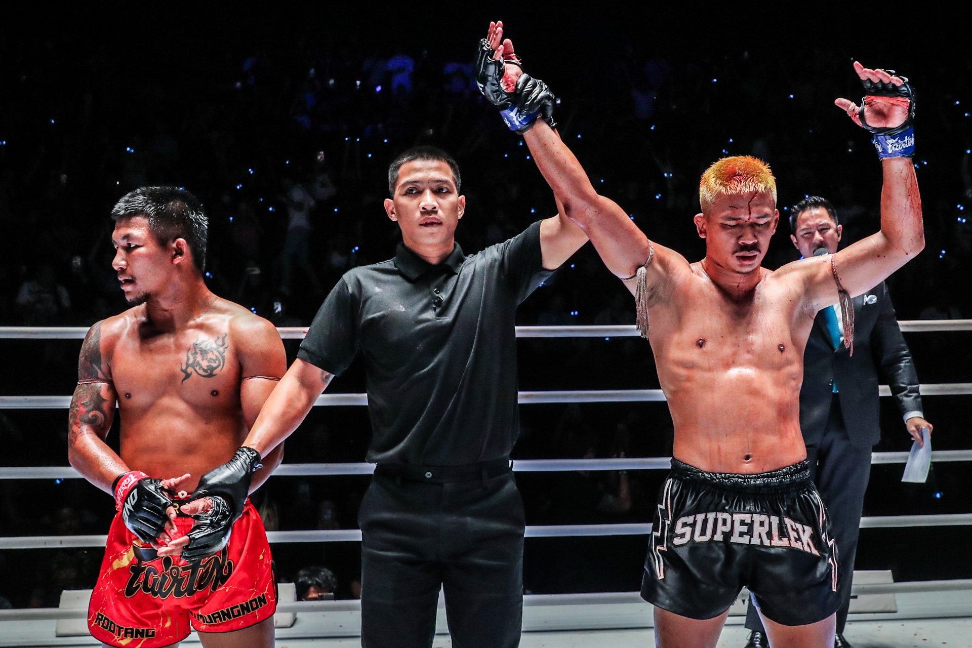 Superlek celebrates his decision win over Rodtang. Photos: ONE Championship