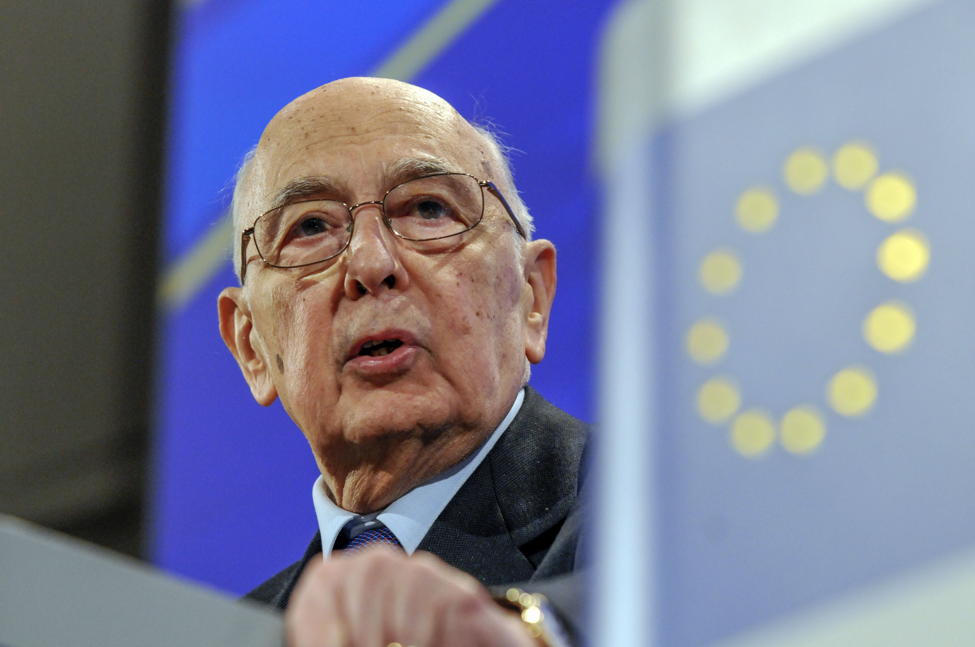 Italy’s President Giorgio Napolitano talks to the media at the EU Commission headquarters in Brussels in March 2010. Photo: AP