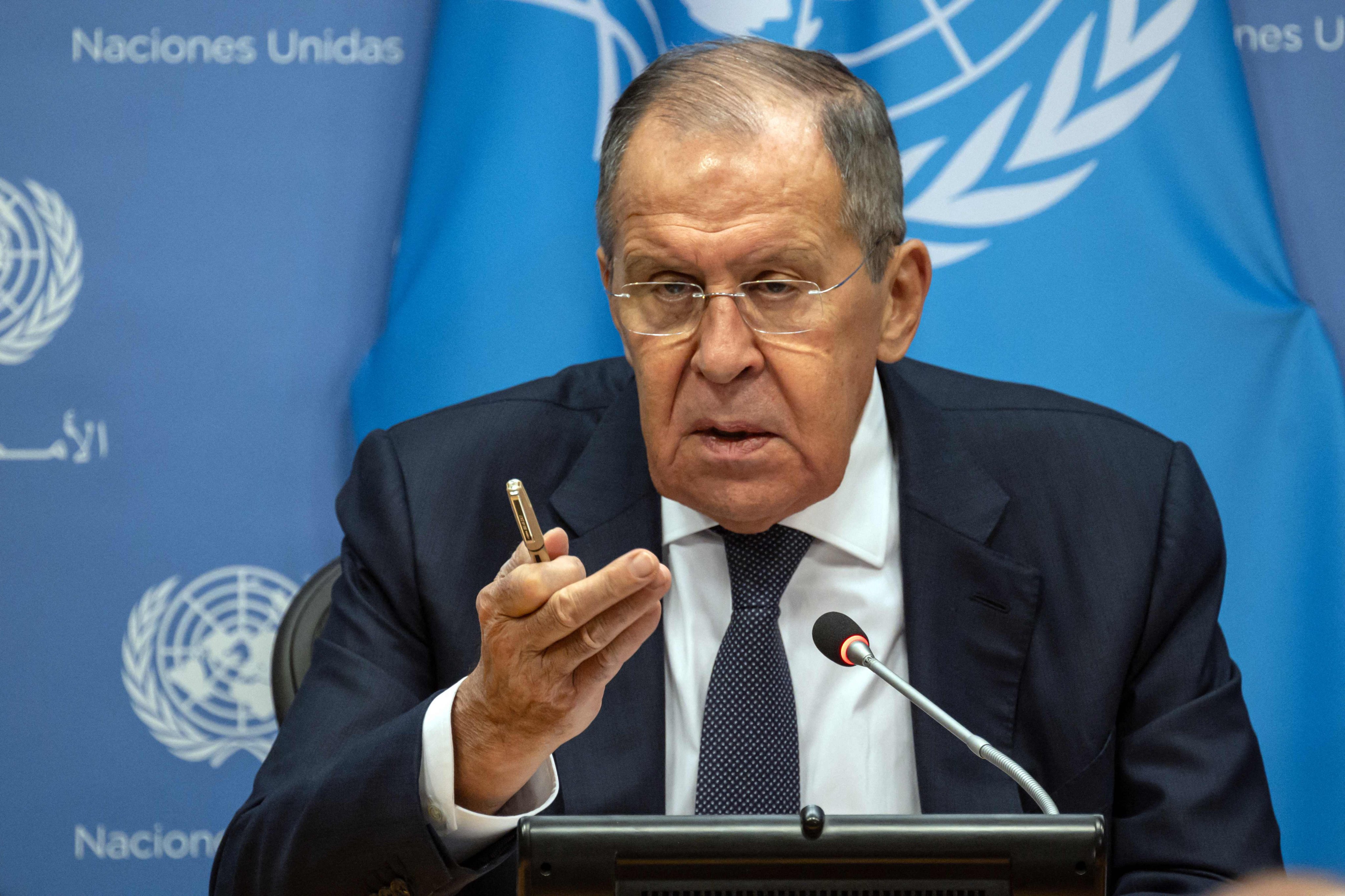 Russia’s Foreign Minister Sergey Lavrov responds to a question during a press conference following his address to the 78th United Nations General Assembly in New York on Saturday. Photo: AFP