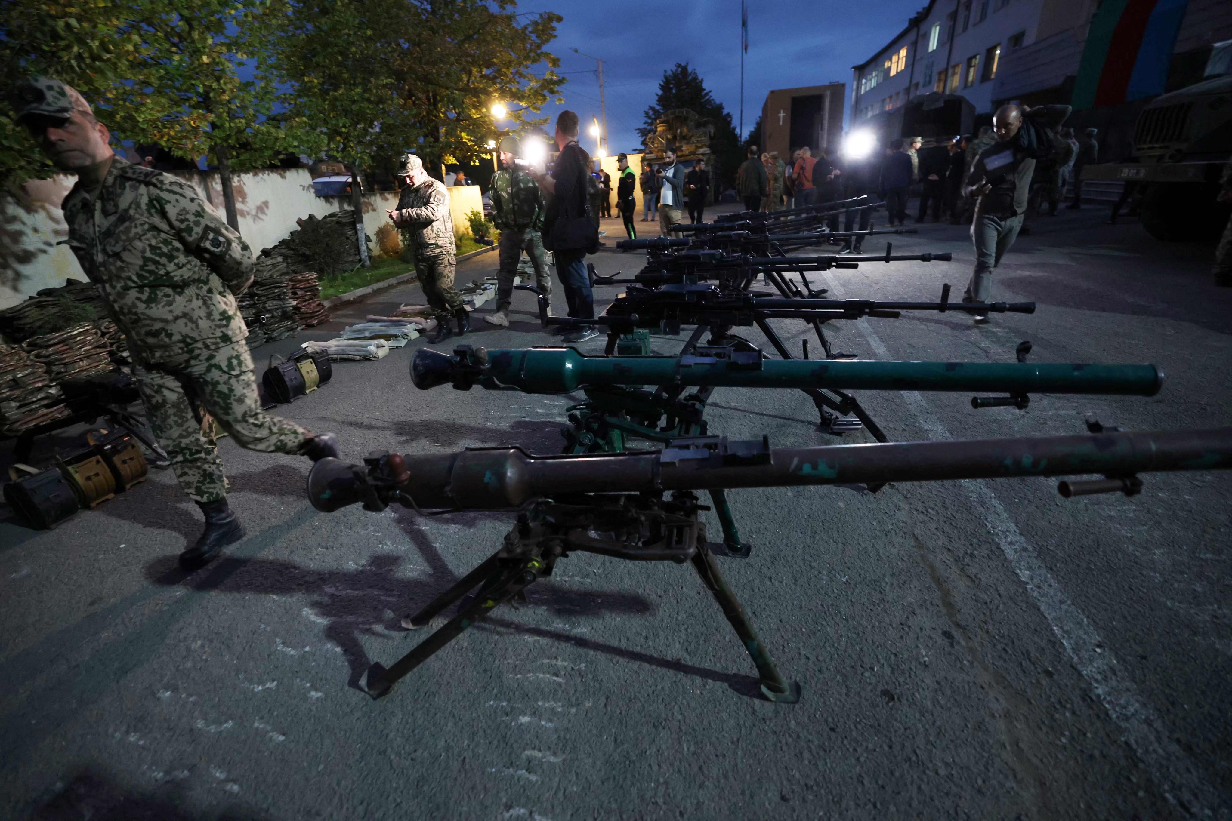 Artillery seized from Nagorno-Karabakh forces is displayed for the press in Shusha on Saturday. Photo: AFP