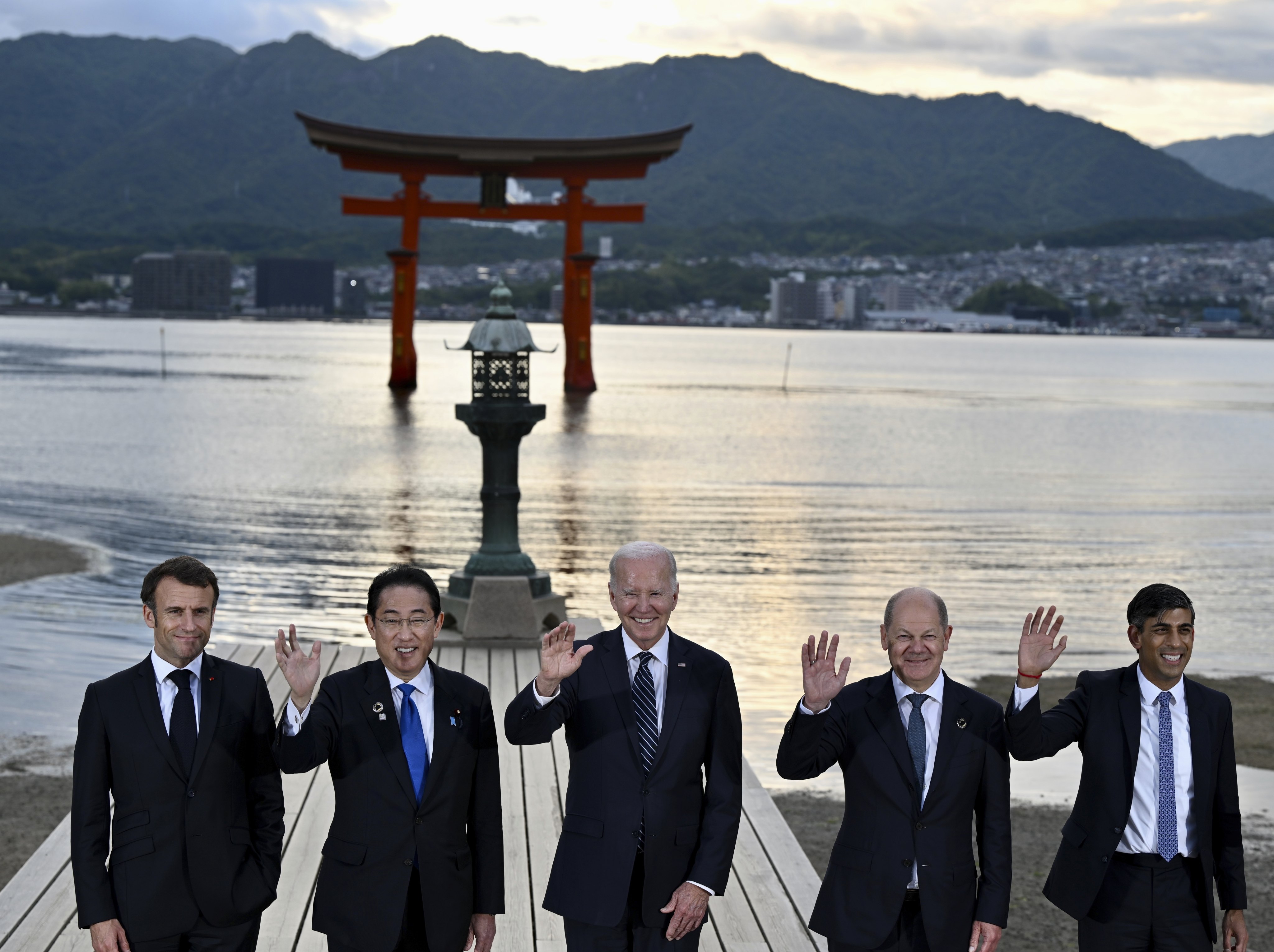 From the left, French President Emmanuel Macron, Japan’s Prime Minister Fumio Kishida, US President Joe Biden, Germany’s Chancellor Olaf Scholz and Britain’s Prime Minister Rishi Sunak visit the Itsukushima shrine on Miyajima island in Hatsukaichi, Hiroshima, on May 19. Western governments want to reduce their exposure to security risks inherent in economic exchanges with China. But how to get there is a different story.
Photo: AP