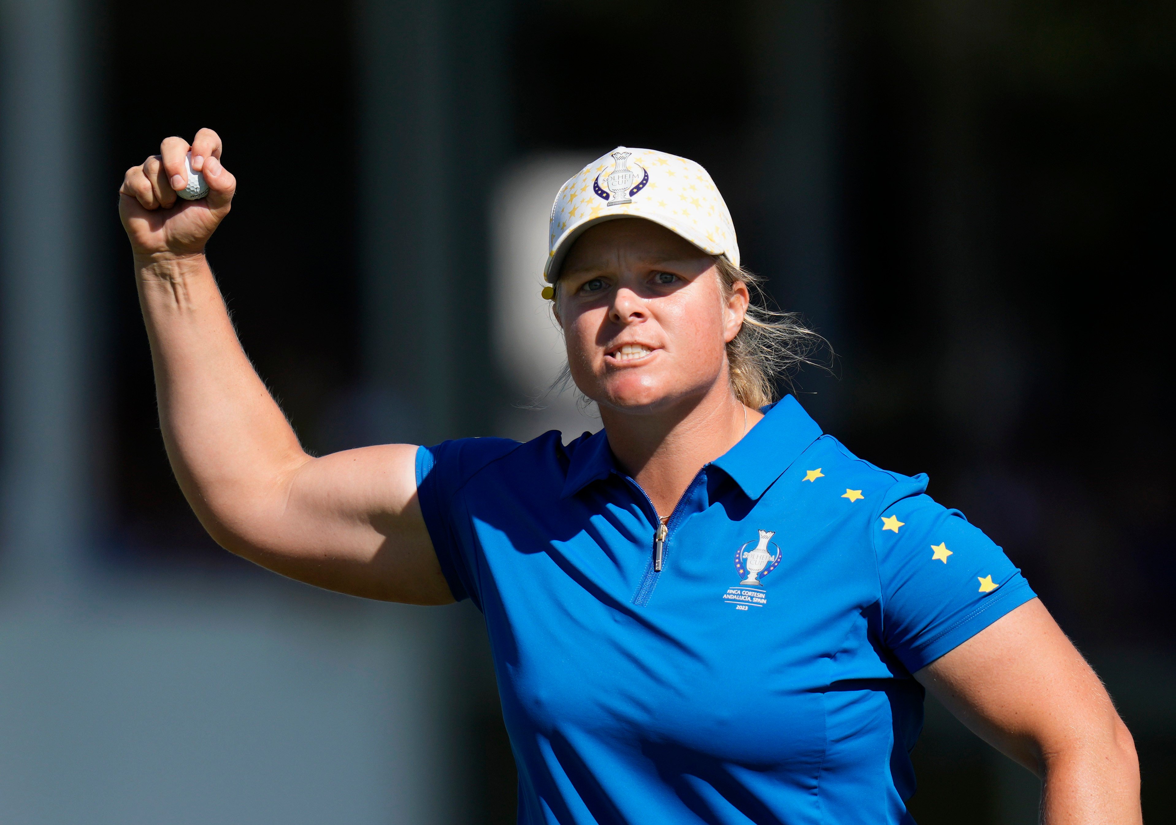 Europe’s Caroline Hedwall celebrates at the sixteenth hole during her singles match at the Solheim Cup. Photo: AP