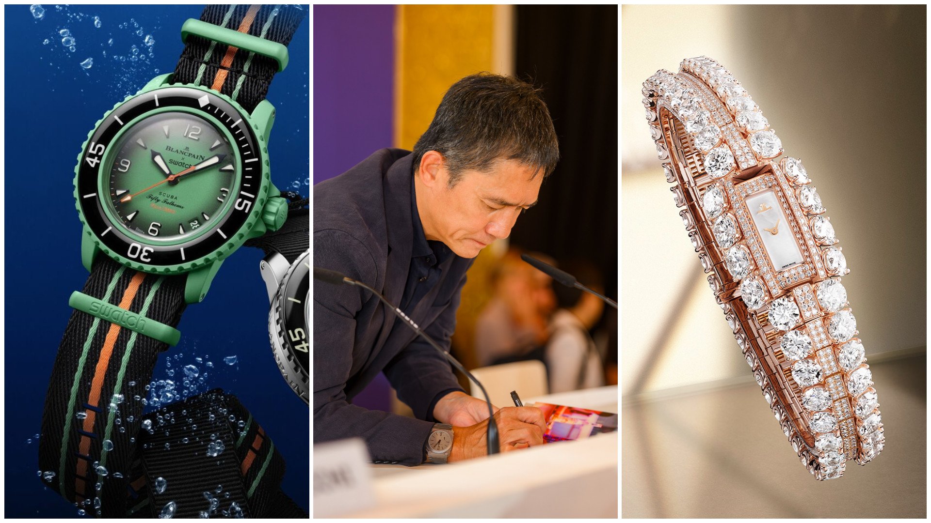 Left to right: Blancpain and Swatch release a bioceramic Fifty Fathoms; Tony Leung wears the Bulgari Octo Finissimo at the 80th Venice Film Festival; Jaeger-LeCoultre adds a new design to the Calibre 101 line. Photos: Handout