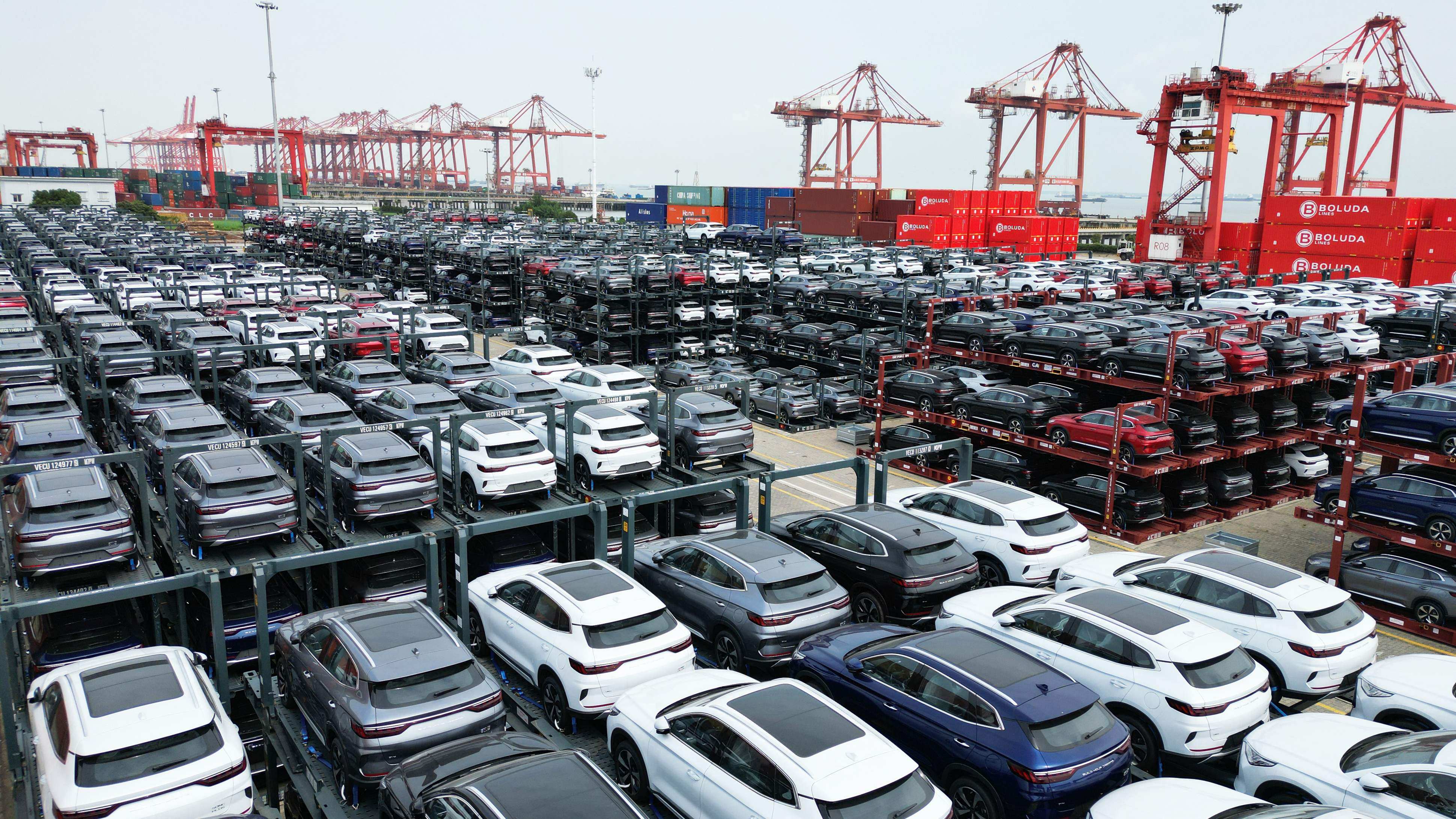 BYD electric cars to be loaded on a ship are stacked at the international container terminal of Taicang Port at Suzhou Port, in China’s eastern Jiangsu Province, on September 11. Photo: AFP