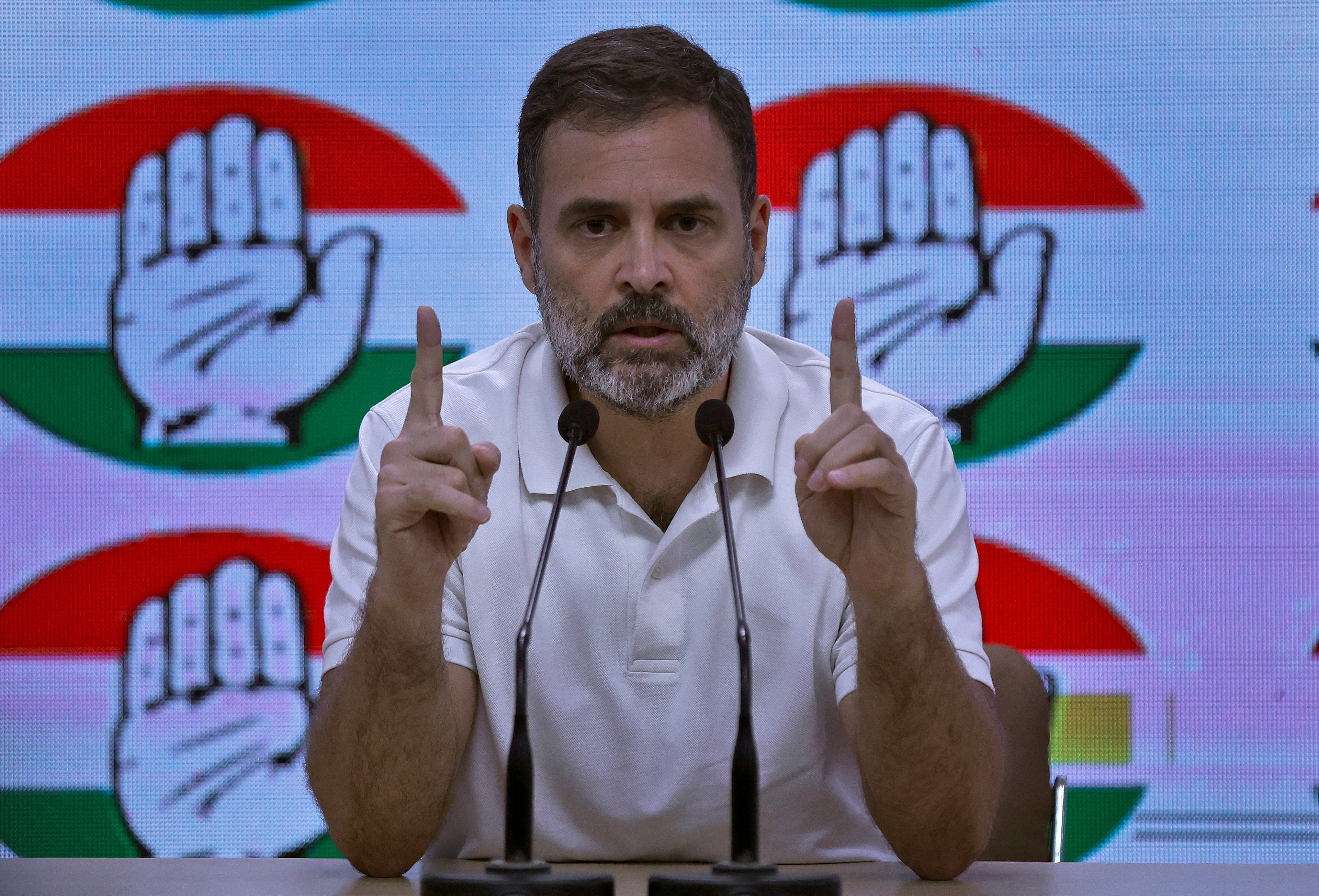 Rahul Gandhi, leader of India’s main opposition Congress party, addresses the media in New Delhi. He has said his party is leading in three of five state elections that are coming up from November to December. Photo: Reuters