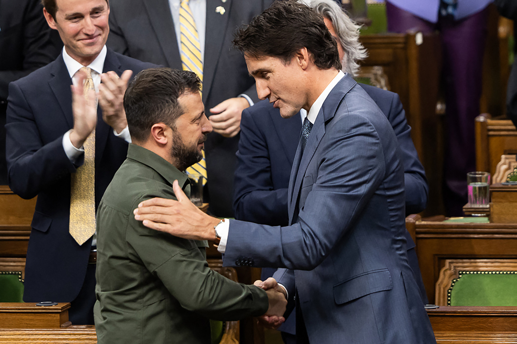 Ukraine’s President Volodymyr Zelensky (left) is greeted by Canada’s Prime Minister Justin Trudeau at the House of Commons in Ottawa on September 22. Photo: Ukrainian Presidential Press Service  via AFP