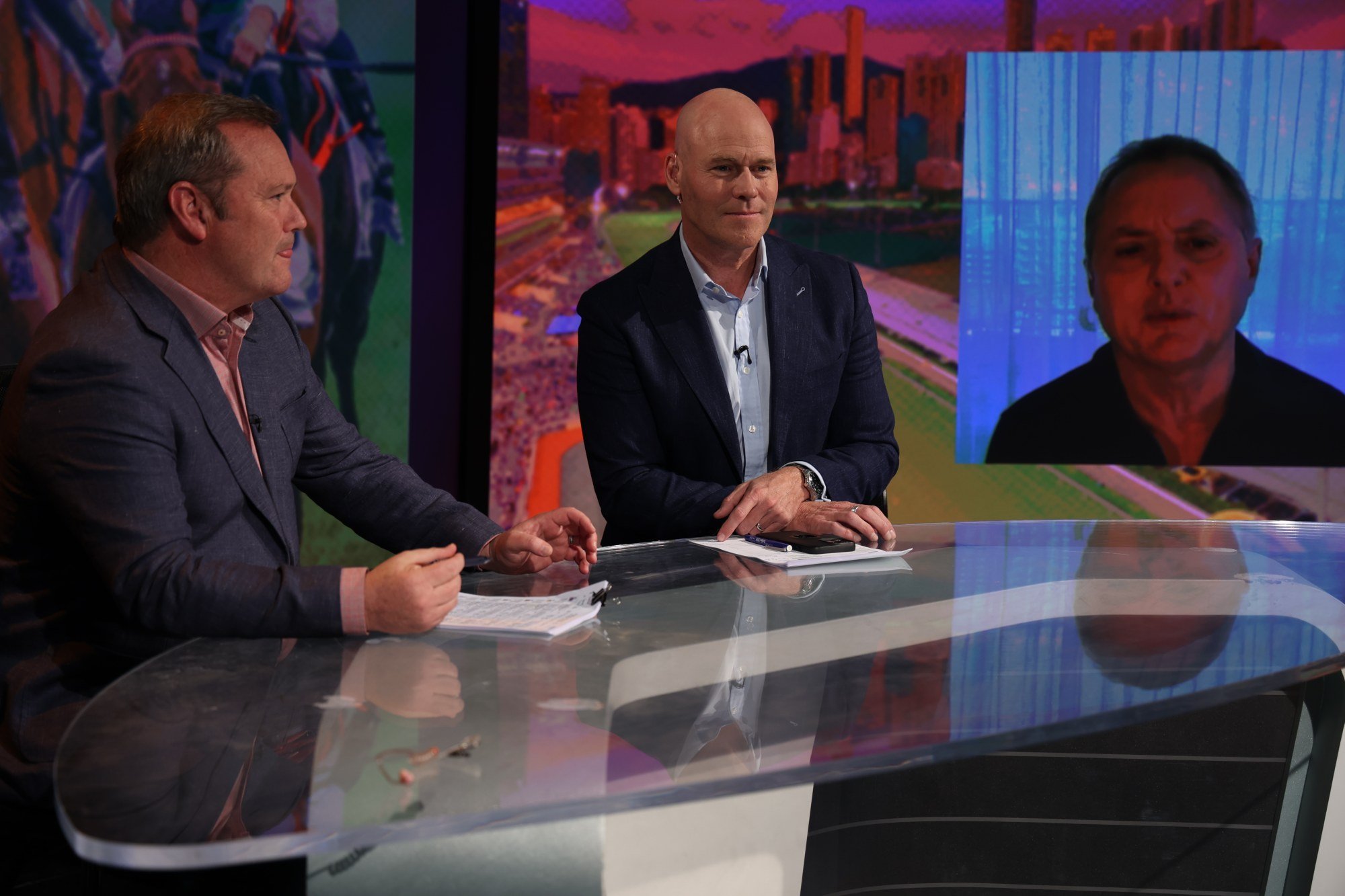 Clint Hutchison (left), Jason Richardson (centre) and Shane Dye (right) comment on The Triple Trio. Photo: Jason Tan