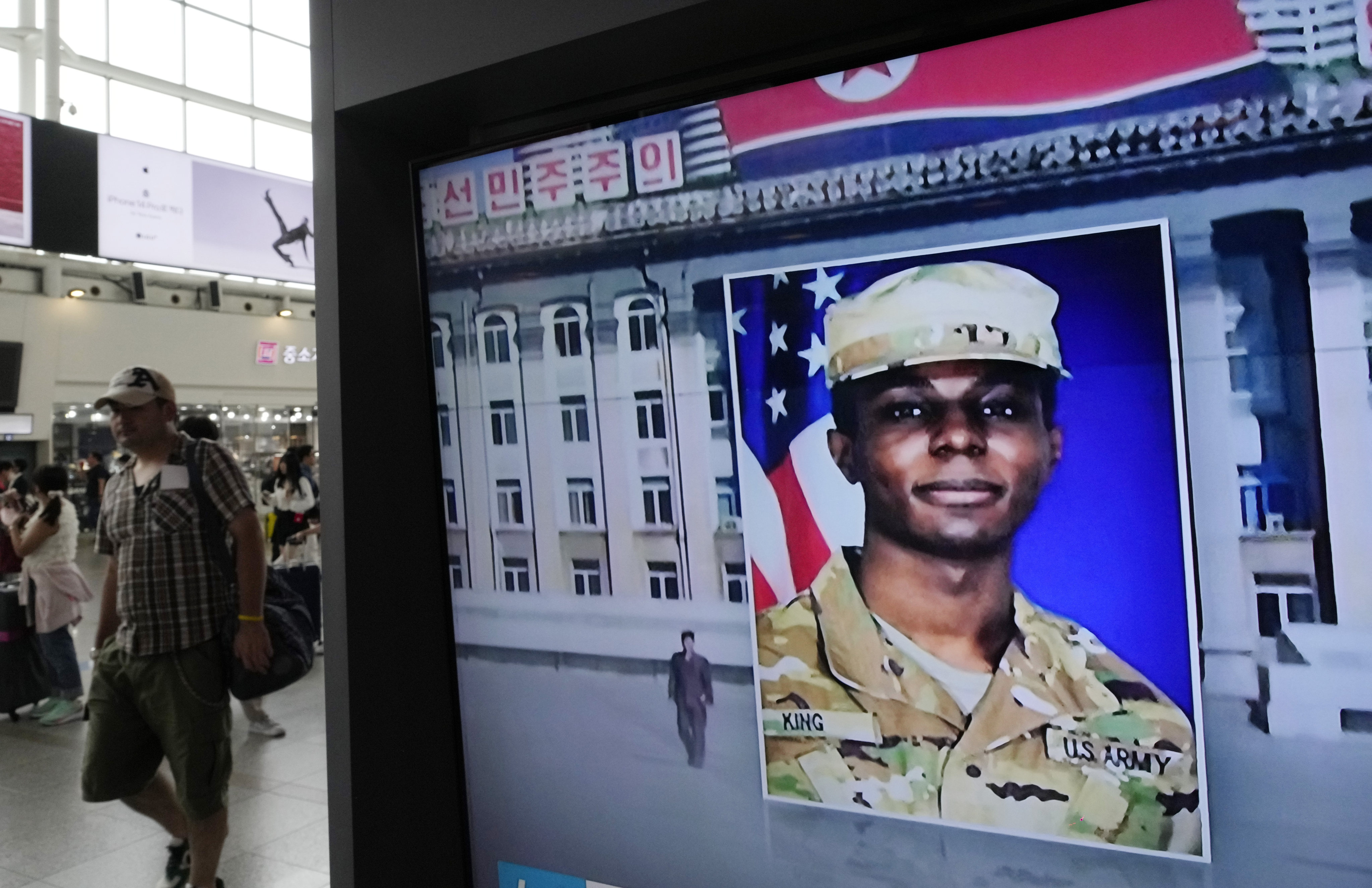 A TV screen shows an image of American soldier Travis King during a news programme in Seoul, South Korea. Photo: AP