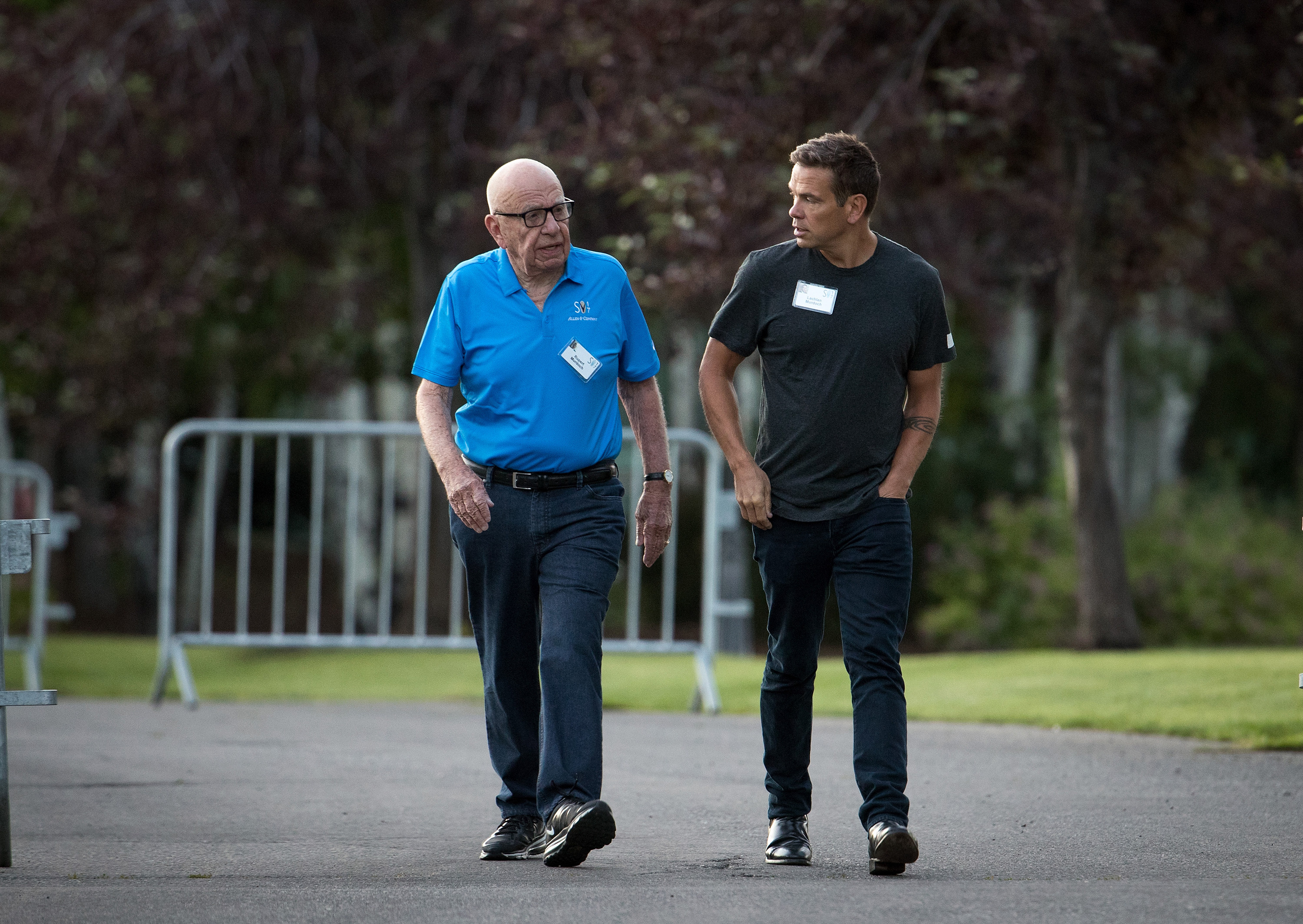 Rupert Murdoch, left, executive chairman of News Corp and chairman of Fox News, and his son Lachlan, co-chairman of 21st Century Fox, walk together in Sun Valley, Idaho, on July 13, 2017. Photo: Getty Images/TNS