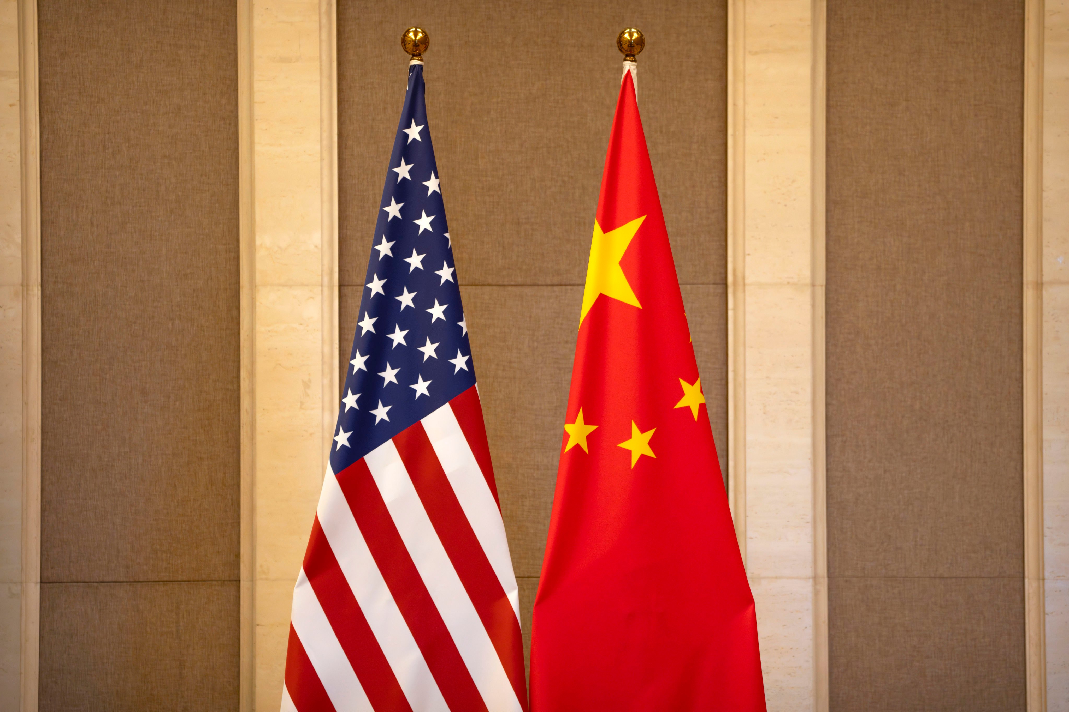 United States and Chinese flags are set up before a meeting between US Treasury Secretary Janet Yellen and Chinese Vice Premier He Lifeng at the Diaoyutai State Guesthouse in Beijing in July. Photo: AP