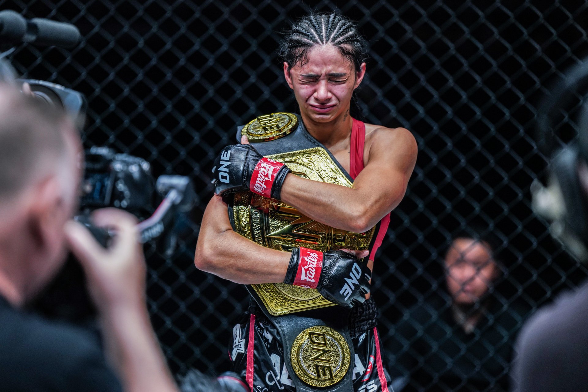Allycia Helen Rodrigues celebrates after her win over Janet Todd at ONE Fight Night 8 in Singapore.