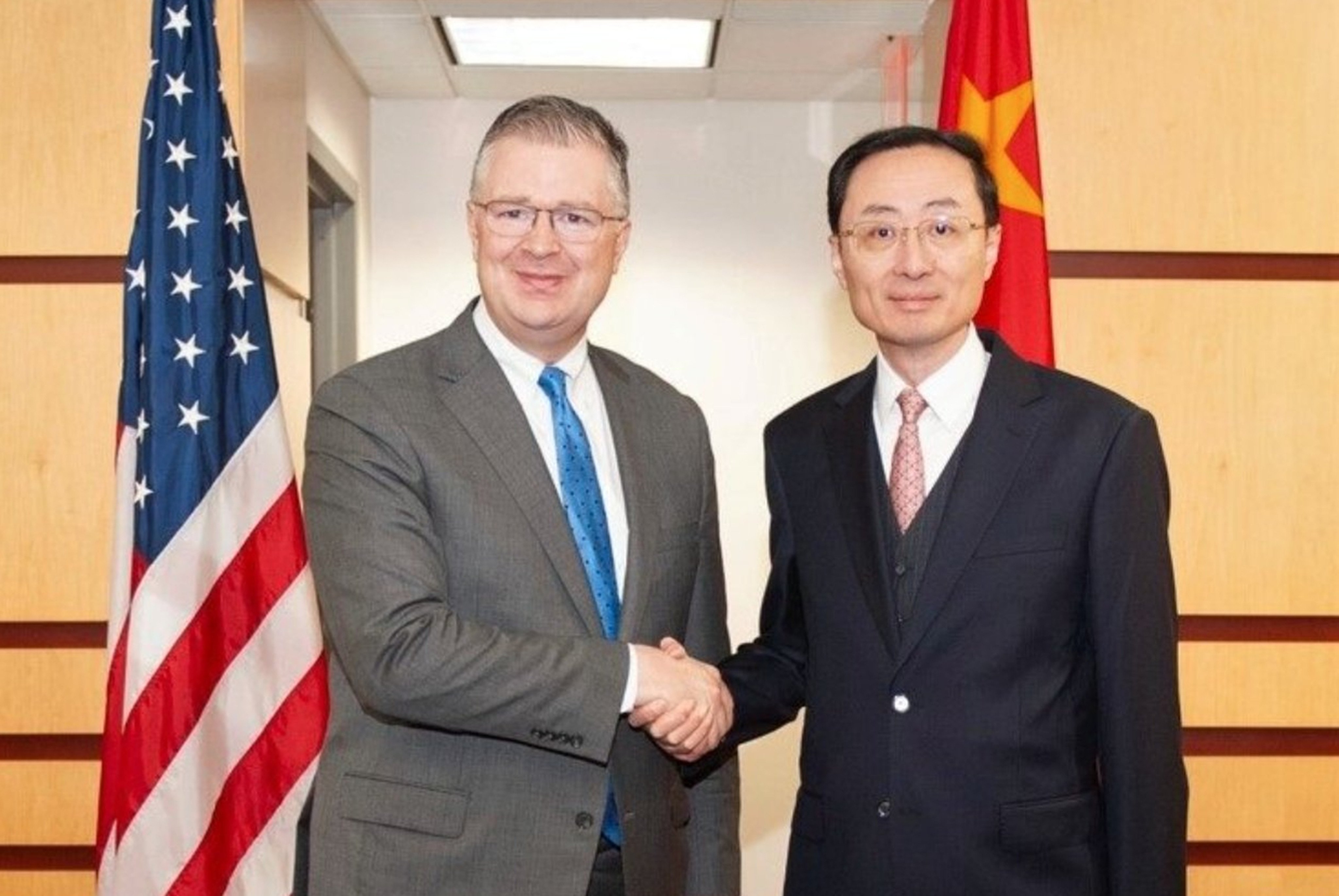 Assistant Secretary of State for East Asian and Pacific Affairs Daniel Kritenbrink meets Vice-Foreign Minister for Asia Sun Weidong in Washington. The meeting is the latest exchange in a string of bilateral high-level engagements. Photo: X @USAsiaPacific