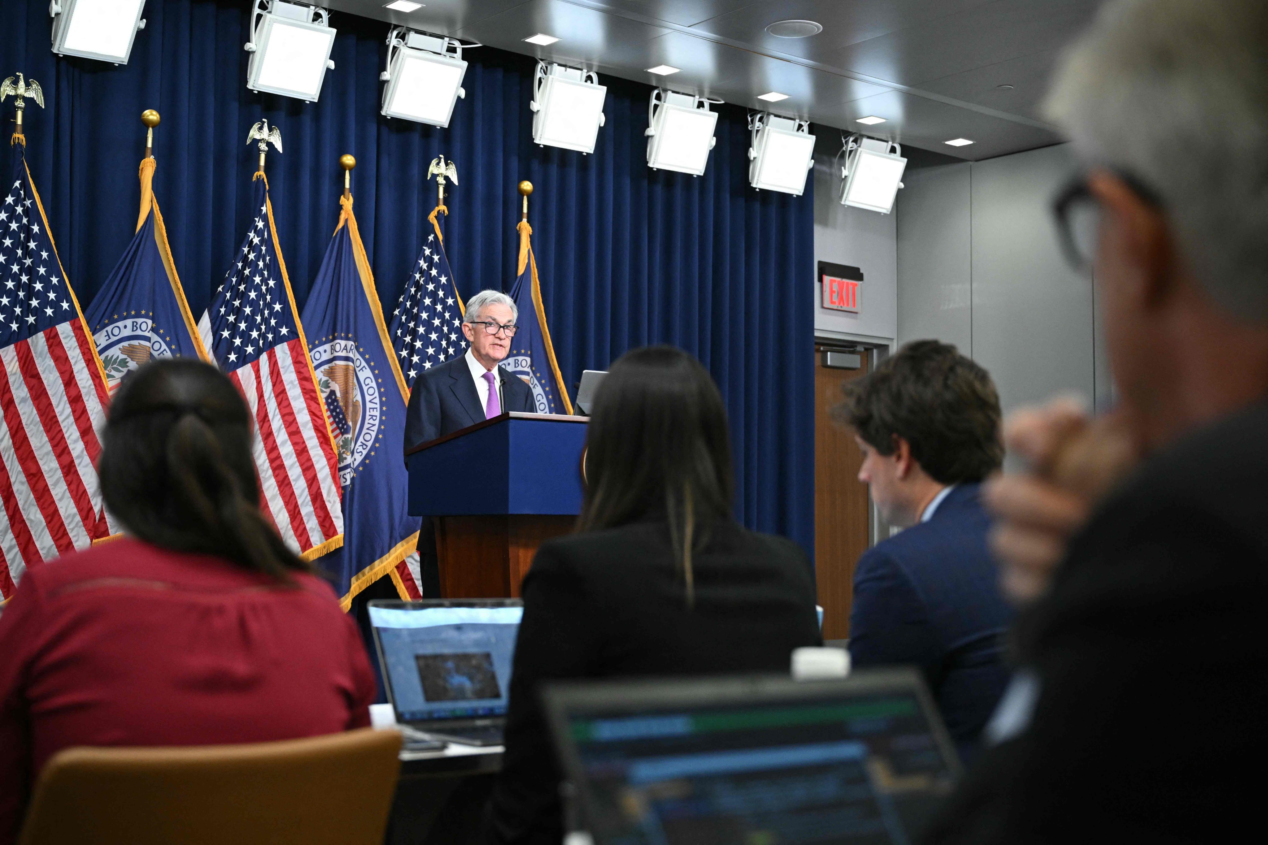 US Federal Reserve chairman Jerome Powell holds a press conference on September 20. The Fed’s assessment of the economy has been sound so far, but it cannot be complacent about the impact of high rates on growth and must also take into account risks such as political posturing in the run-up to the 2024 presidential election. Photo: AFP