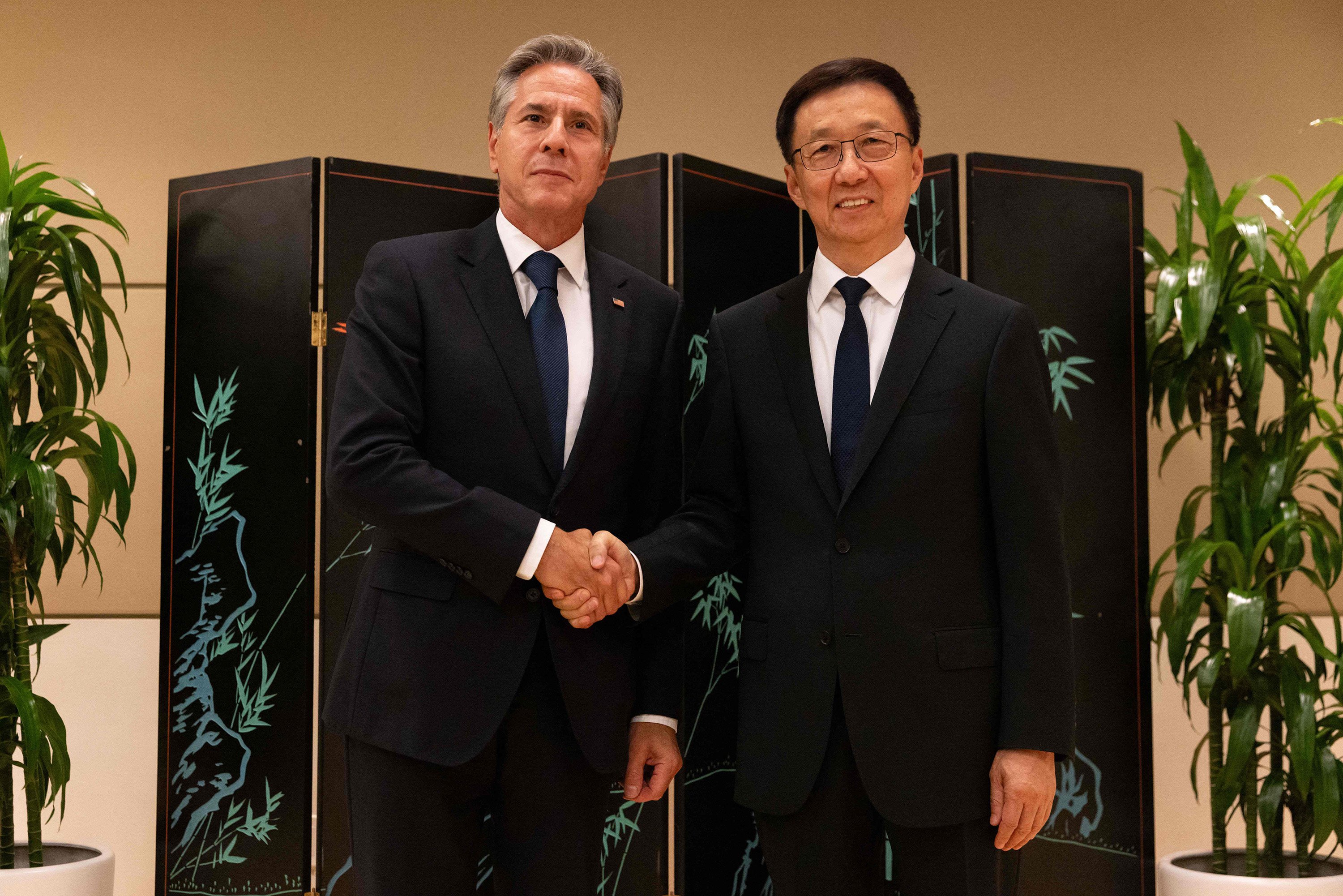 US Secretary of State Antony Blinken and Chinese Vice-president Han Zheng shake hands on the sidelines of the UN General Assembly in New York on September 18. Photo: TNS