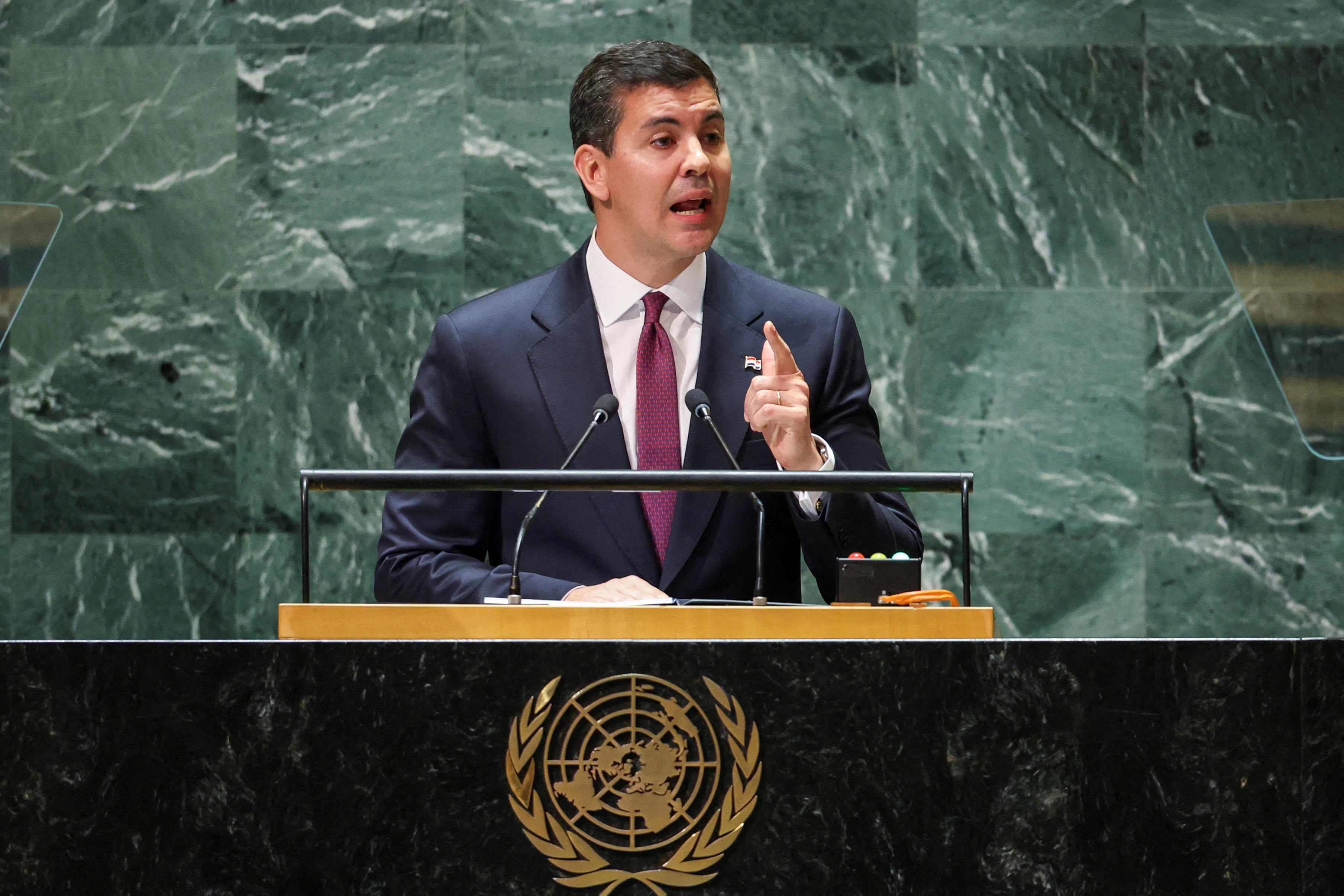 Paraguayan President Santiago Pena, shown addressing the UN General Assembly on September 19, has pledged to maintain his country’s diplomatic ties to Taiwan. Photo: Reuters 