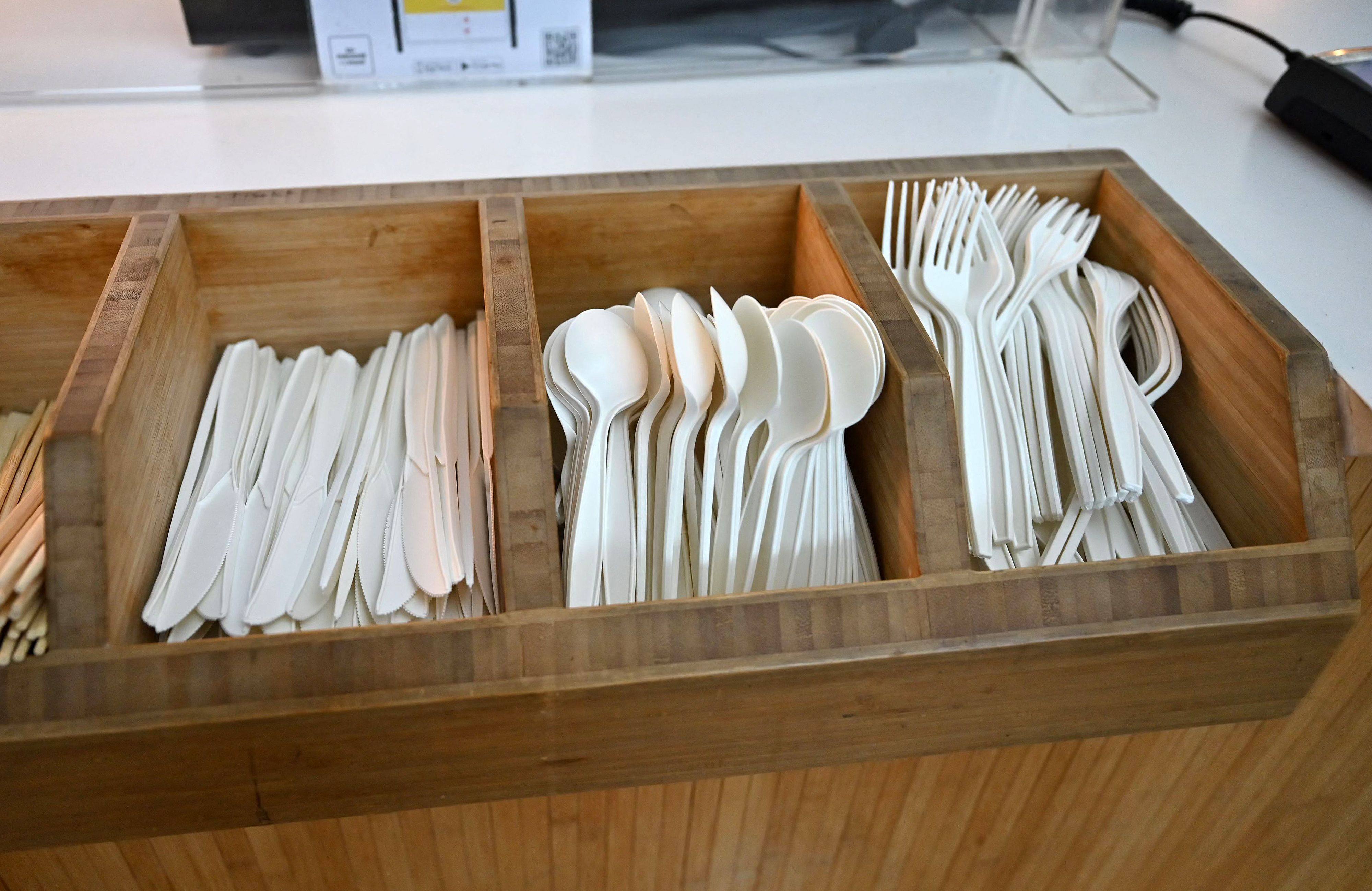 Single-use plastic cutlery at a fast-food outlet in London. Photo: AFP