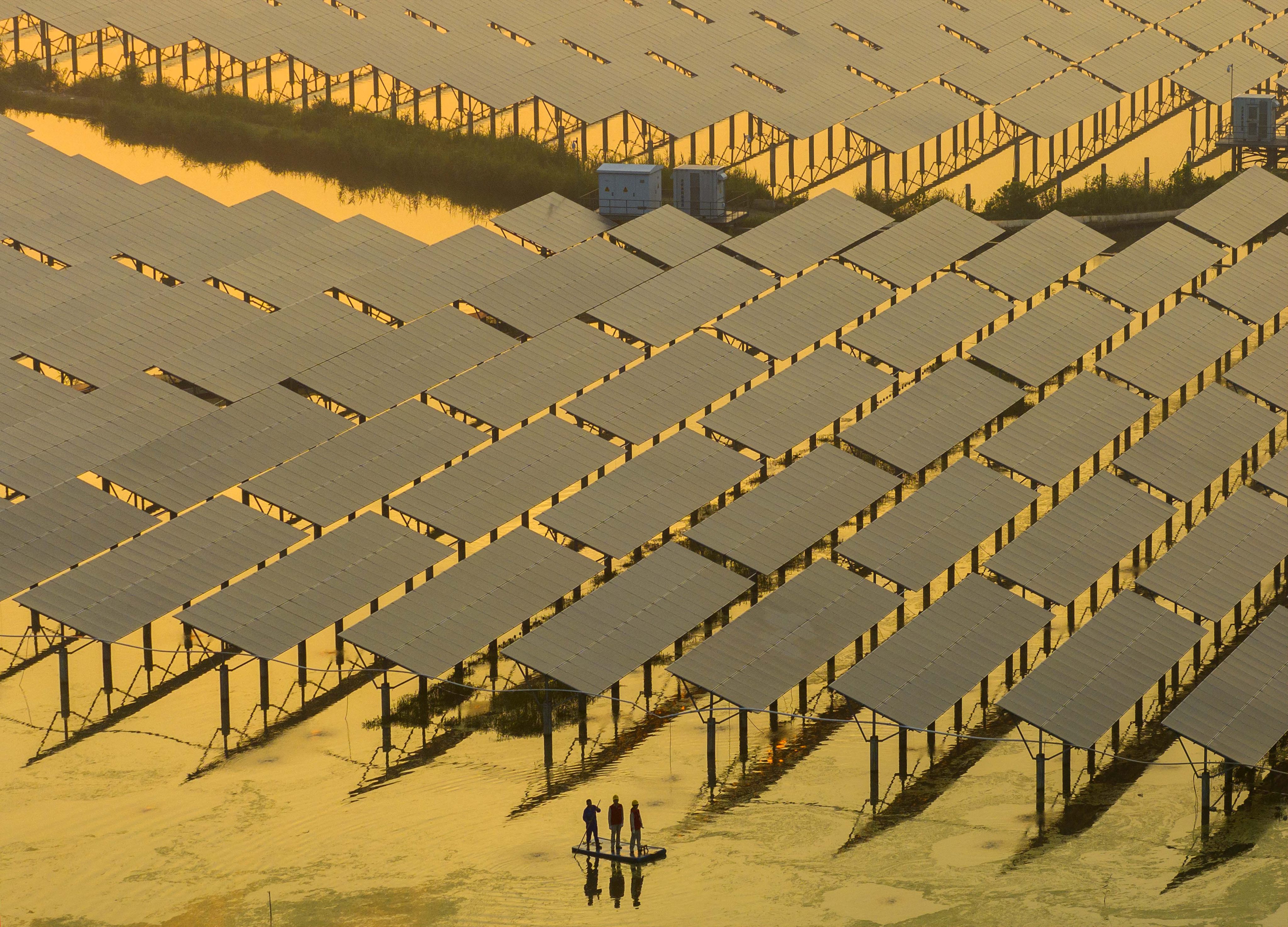 On China’s National Low Carbon Day on July 12, volunteers check on solar panels in Taizhou, Jiangsu province. Photo: CFOTO/Future Publishing via Getty Images