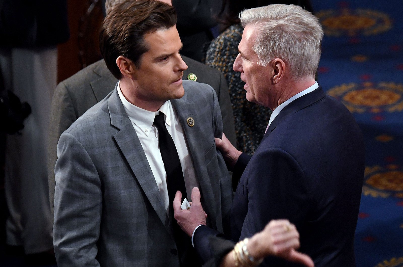 Congressmen Matt Gaetz and Kevin McCarthy having words during the tumultuous speaker’s race in January. File photo: TNS
