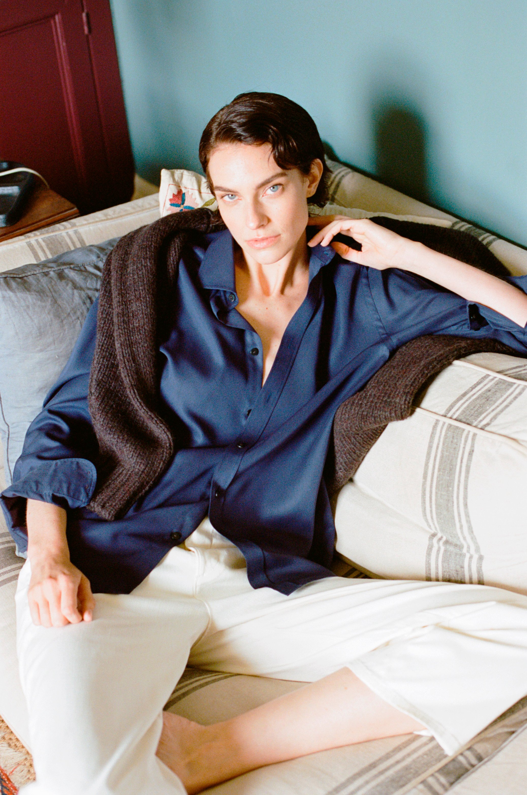 A navy blue shirt from With Nothing Underneath. Women’s shirts were once a fashion afterthought, forgotten in the wake of men’s button-down shirts – but that is changing. 