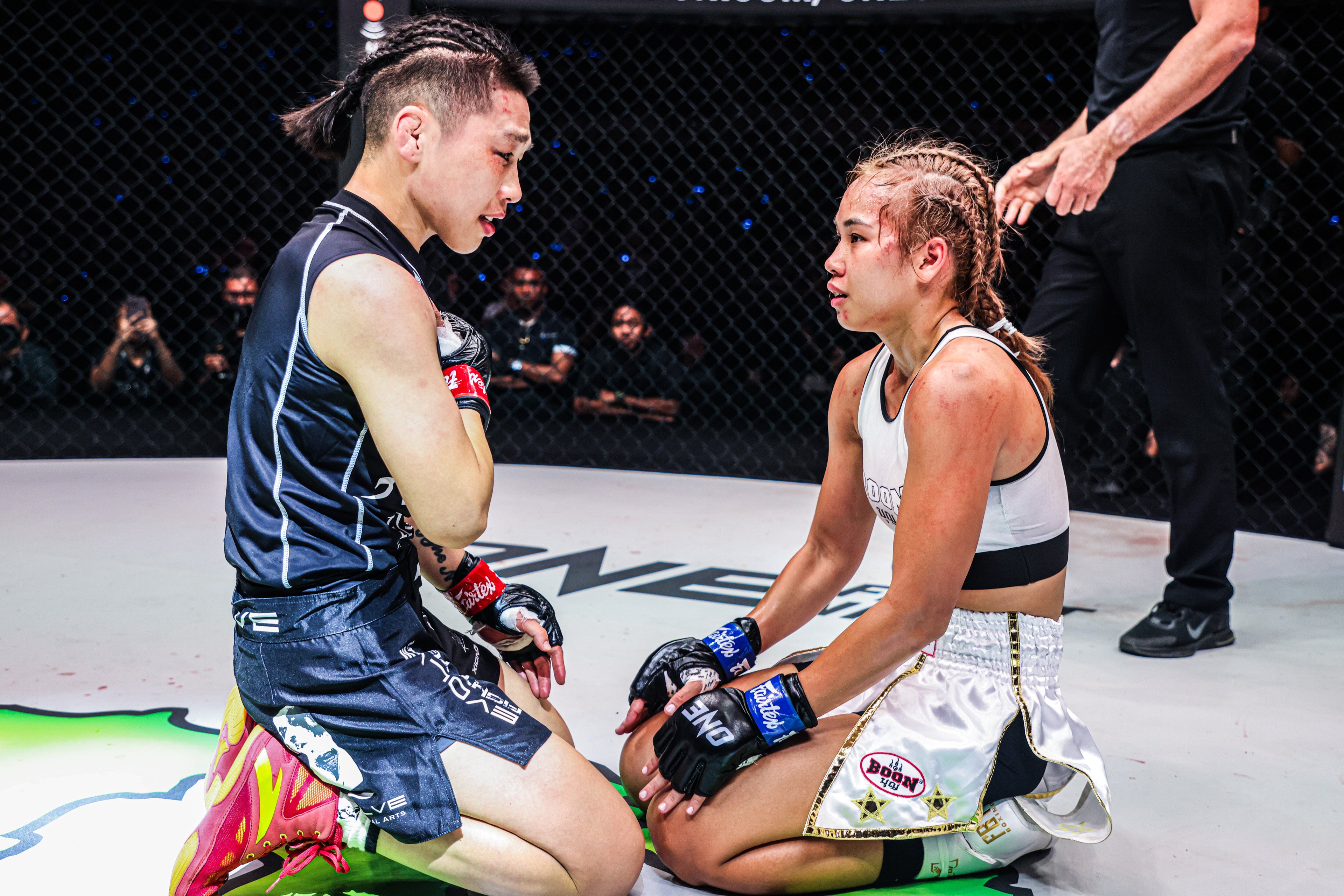 Xiong Jingnan and Nat ‘Wondergirl’ Jaroonsal after their fight. Photos: ONE Championship