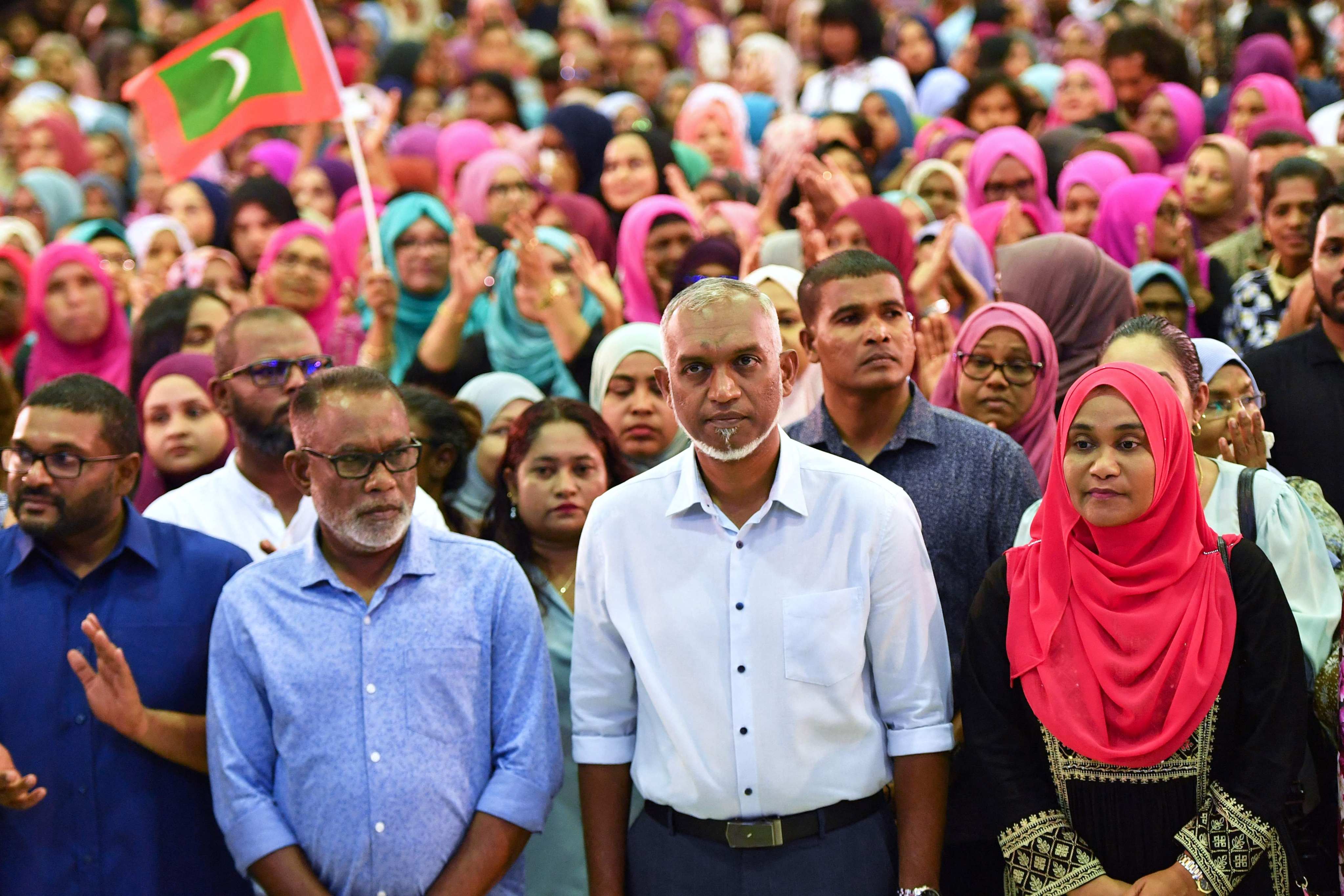 Mohamed Muizzu (centre), president-elect of the Maldives, at a gathering of People’s National Congress supporters in Male on Monday. Photo: AFP