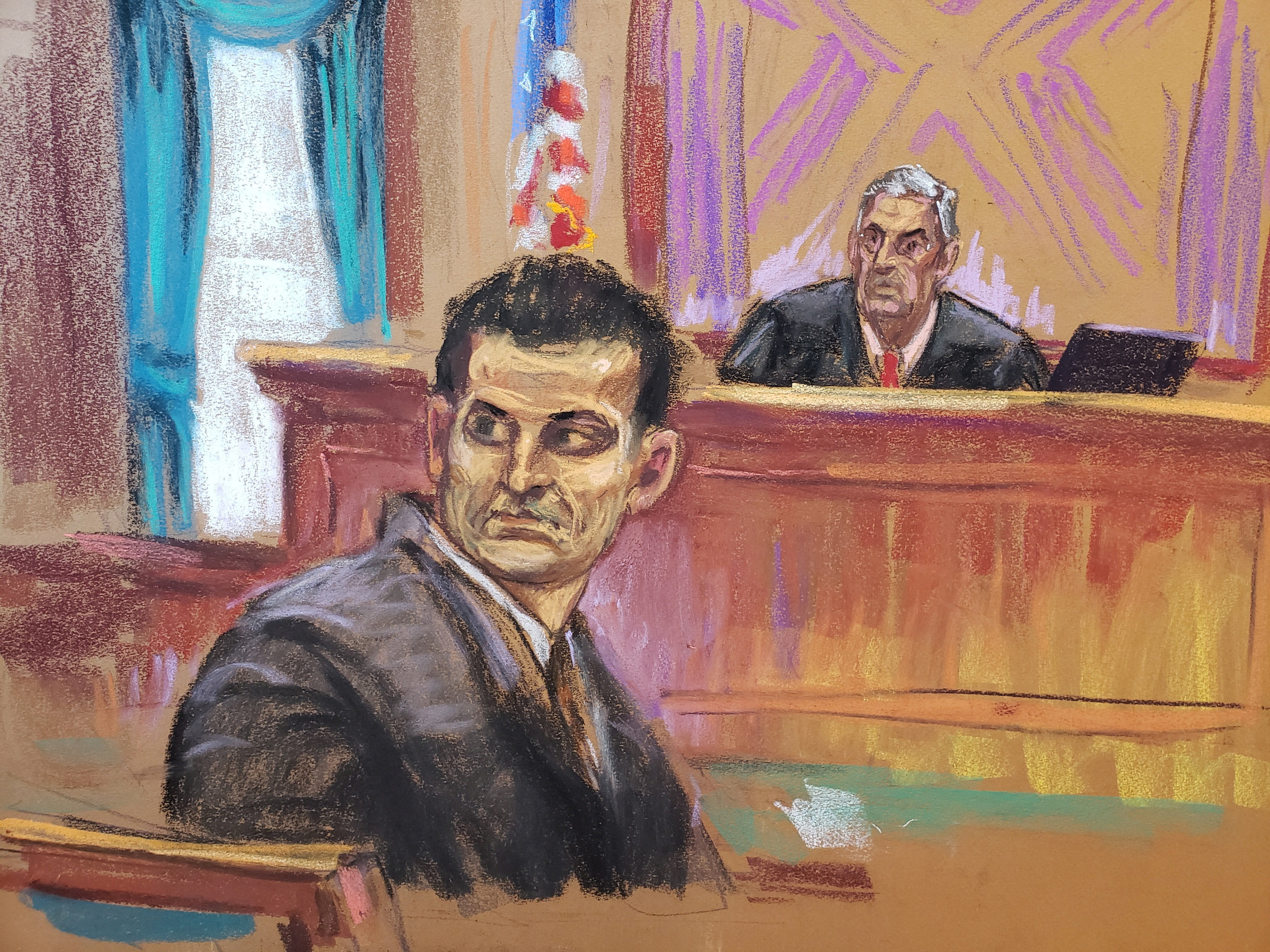 Sam Bankman-Fried turns to look at potential jurors for his fraud trial before US District Judge Lewis Kaplan in New York on Tuesday. Courtroom sketch: Jane Rosenberg via Reuters