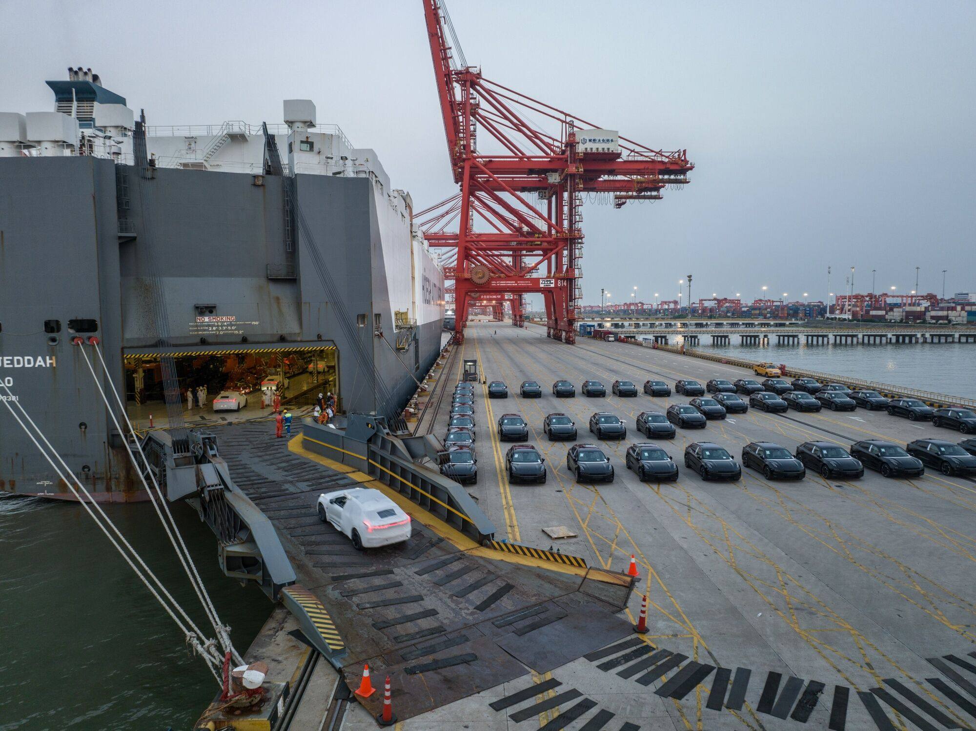 Chinese electric vehicles are bound for shipment to Europe at the Port of Taicang in Jiangsu province. Photo: Bloomberg