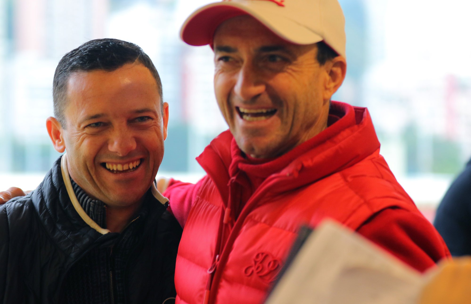 Brett Prebble catches up with Douglas Whyte during barrier trials at Happy Valley in 2020. Photo: Kenneth Chan