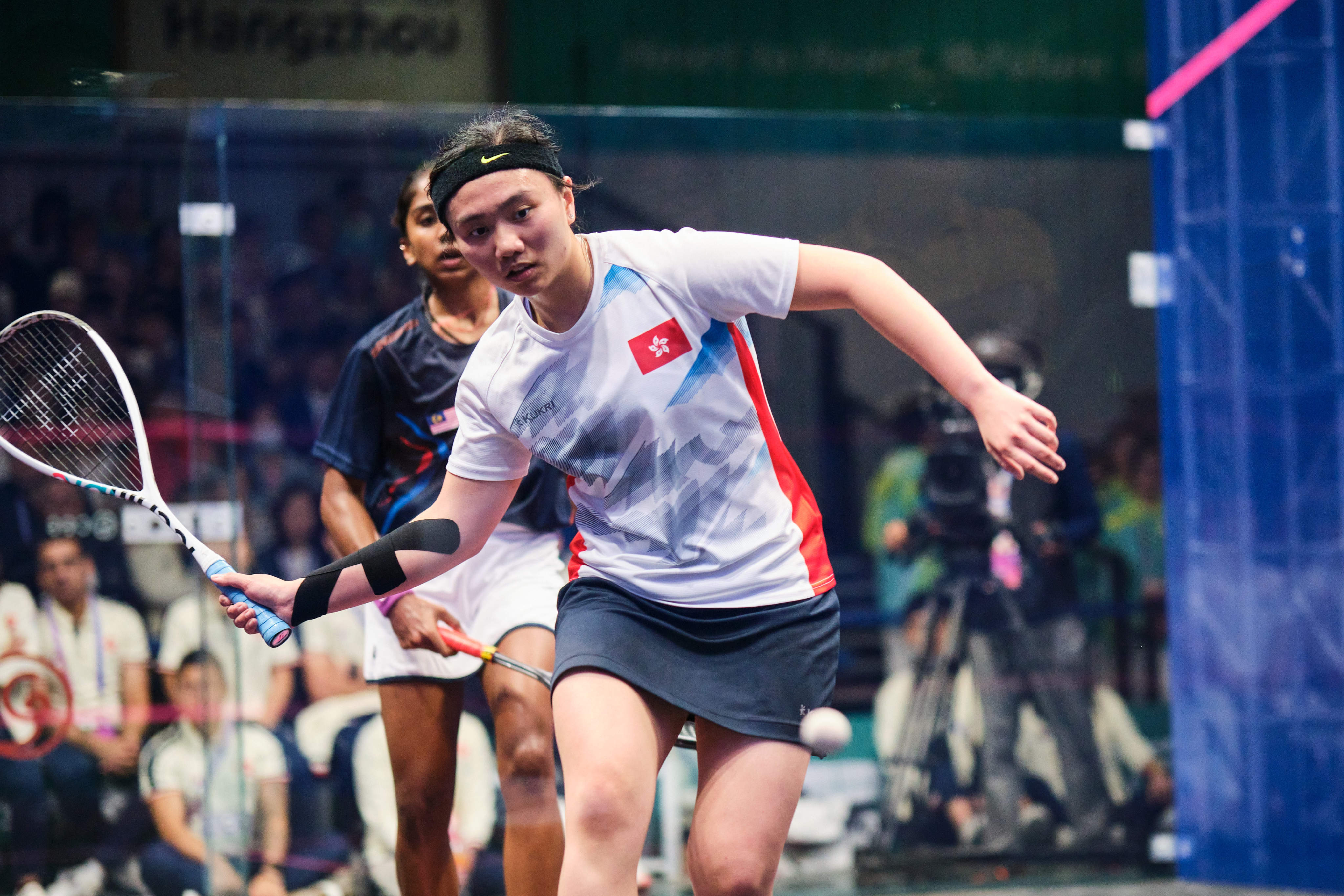 Hong Kong’s Chan Sin-yuk attacks the ball during her women’s singles final against Malaysia’s Sivasangari Subramaniam at the Asian Games in Hangzhou. Photo: SF&OC