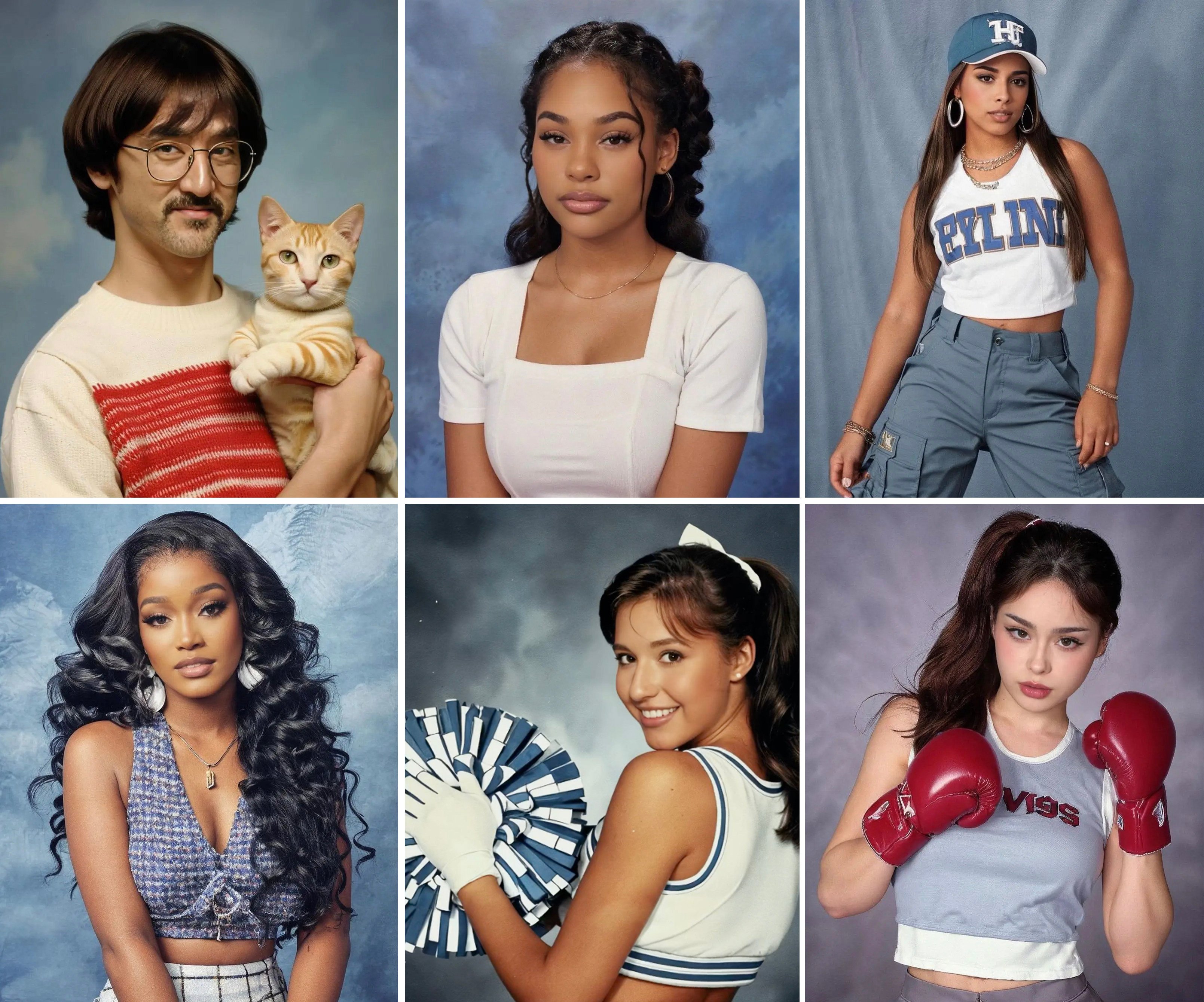 Celebrities and influencers’ “AI Yearbook” photos (clockwise from top left) Steve Aoki, Raye, Levi Hernandez, Hayley Bui, Katie Thurston and Keke Palmer. The photo tool was created by South Korean app Epik, sparking a viral TikTok and Instagram trend. Photo: Epik
