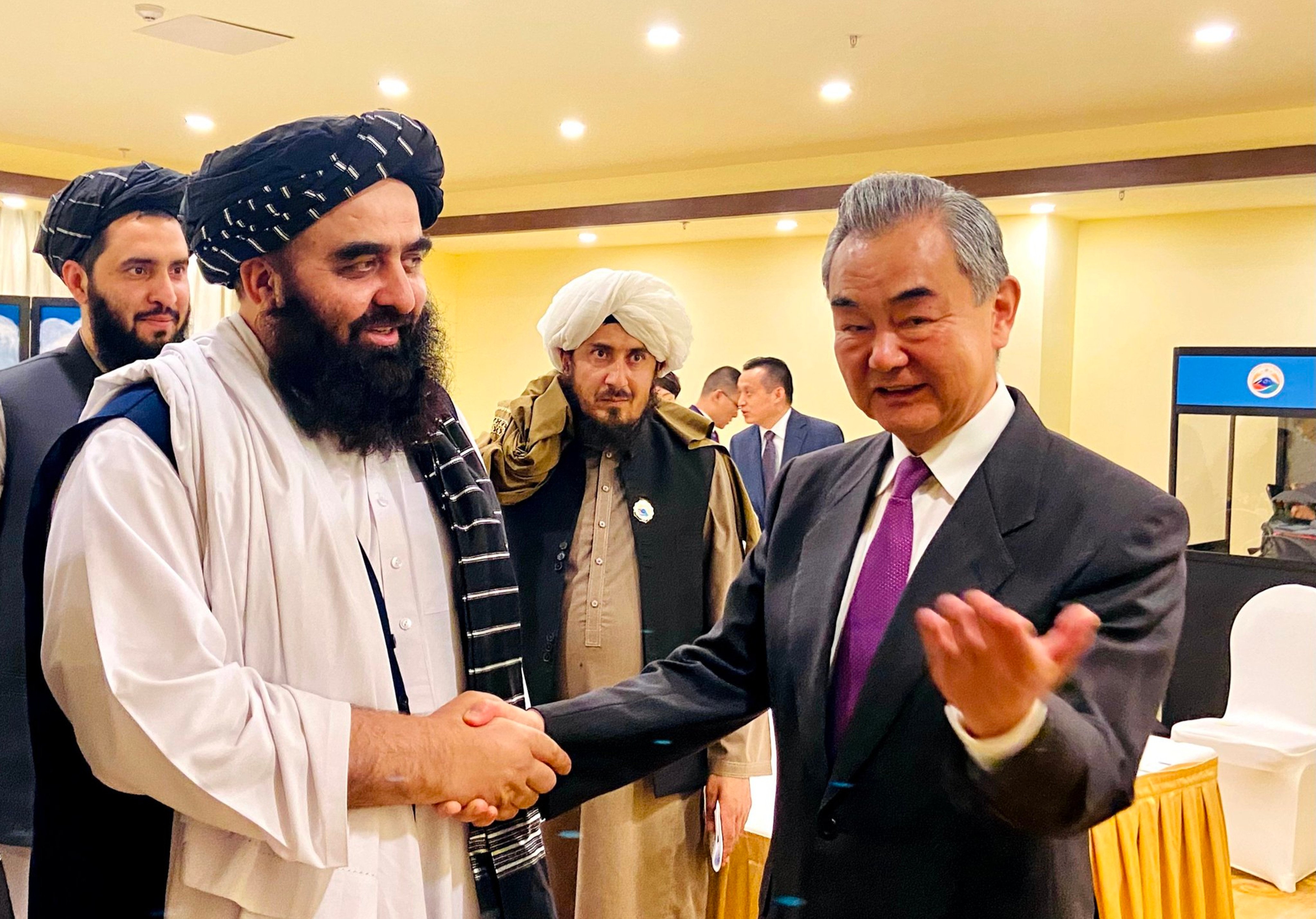 Taliban Foreign Minister Amir Khan Muttaqi meets Chinese counterpart Wang Yi on the sidelines of a forum in Tibet. Photo: X/@ChristopherAnzalone
