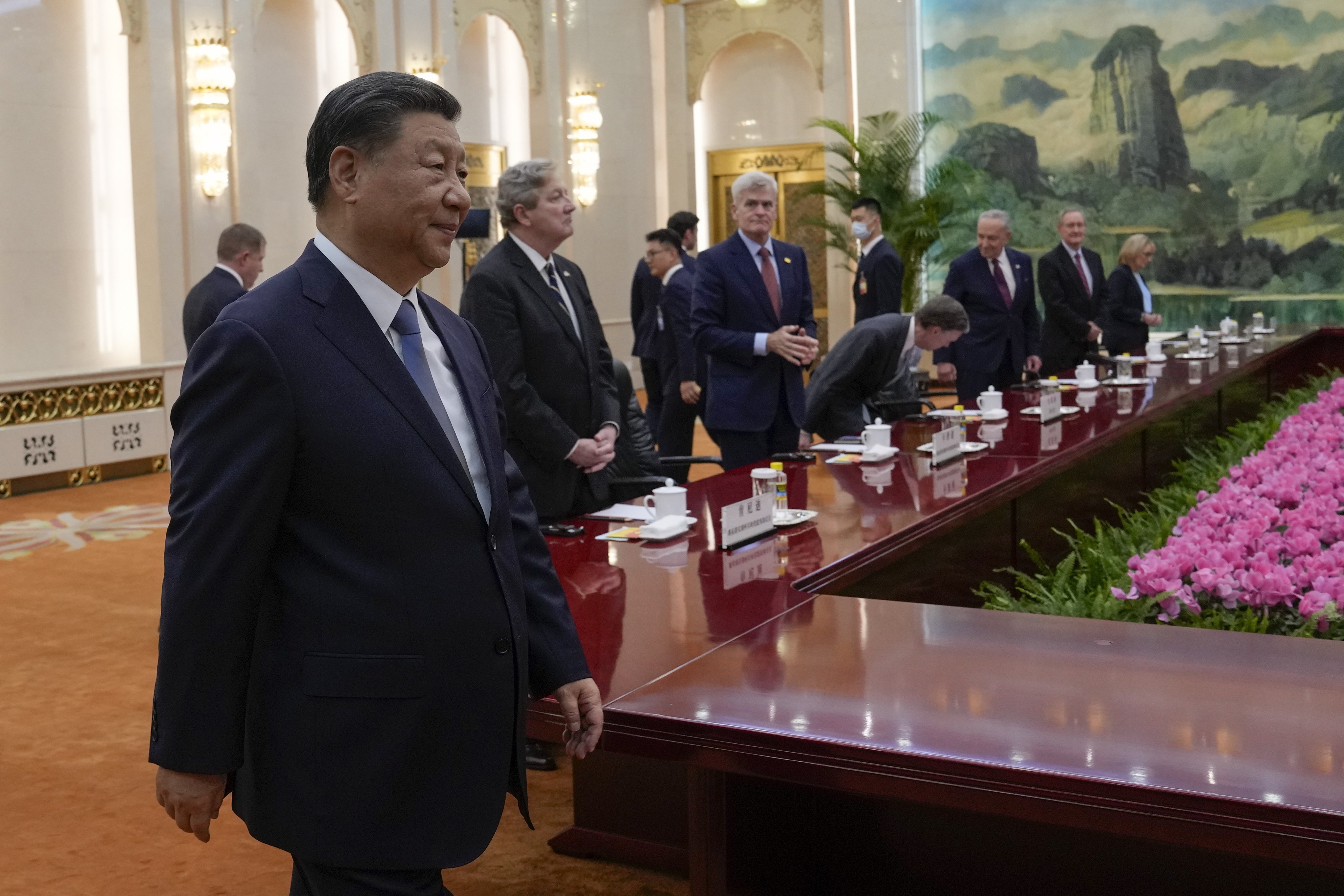 Chinese President Xi Jinping arrives for a meeting with the US congressional delegation, at the Great Hall of the People in Beijing on Monday. Photo: EPA-EFE